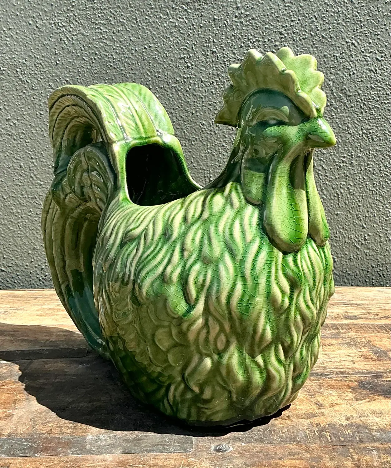 Vintage Glazed Ceramic Rooster Cache Pot - Side view