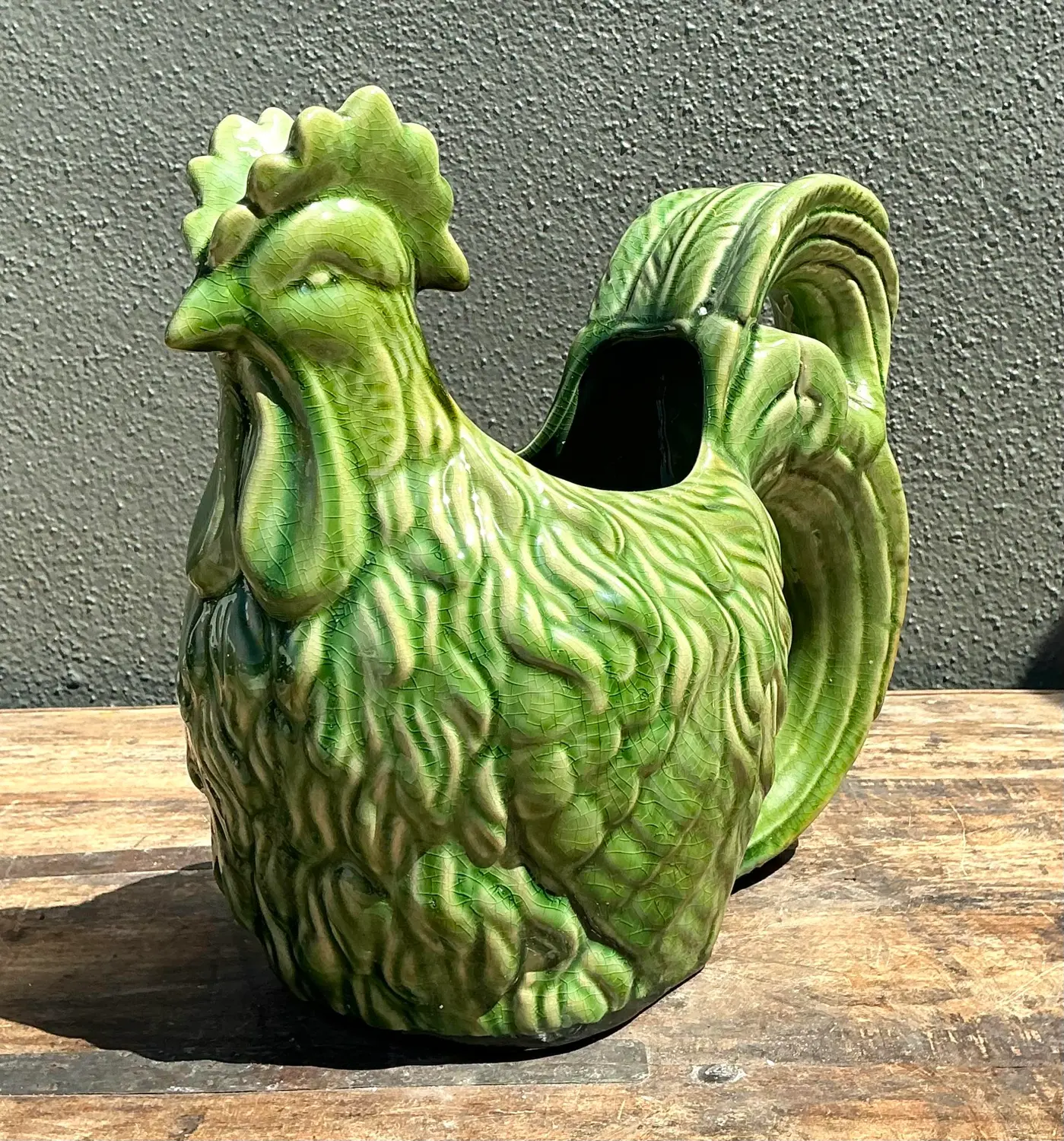 Vintage Glazed Ceramic Rooster Cache Pot - Back view
