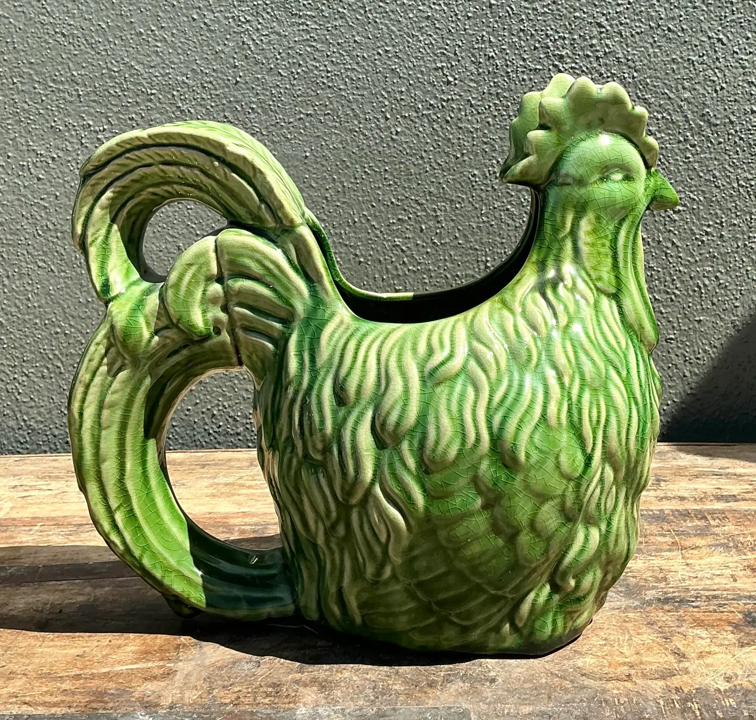Vintage Glazed Ceramic Rooster Cache Pot - Top view