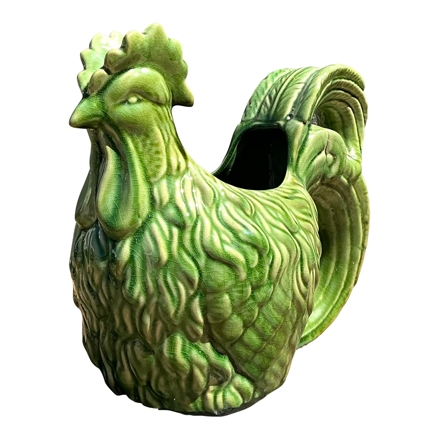 Vintage Glazed Ceramic Rooster Cache Pot - Detail view