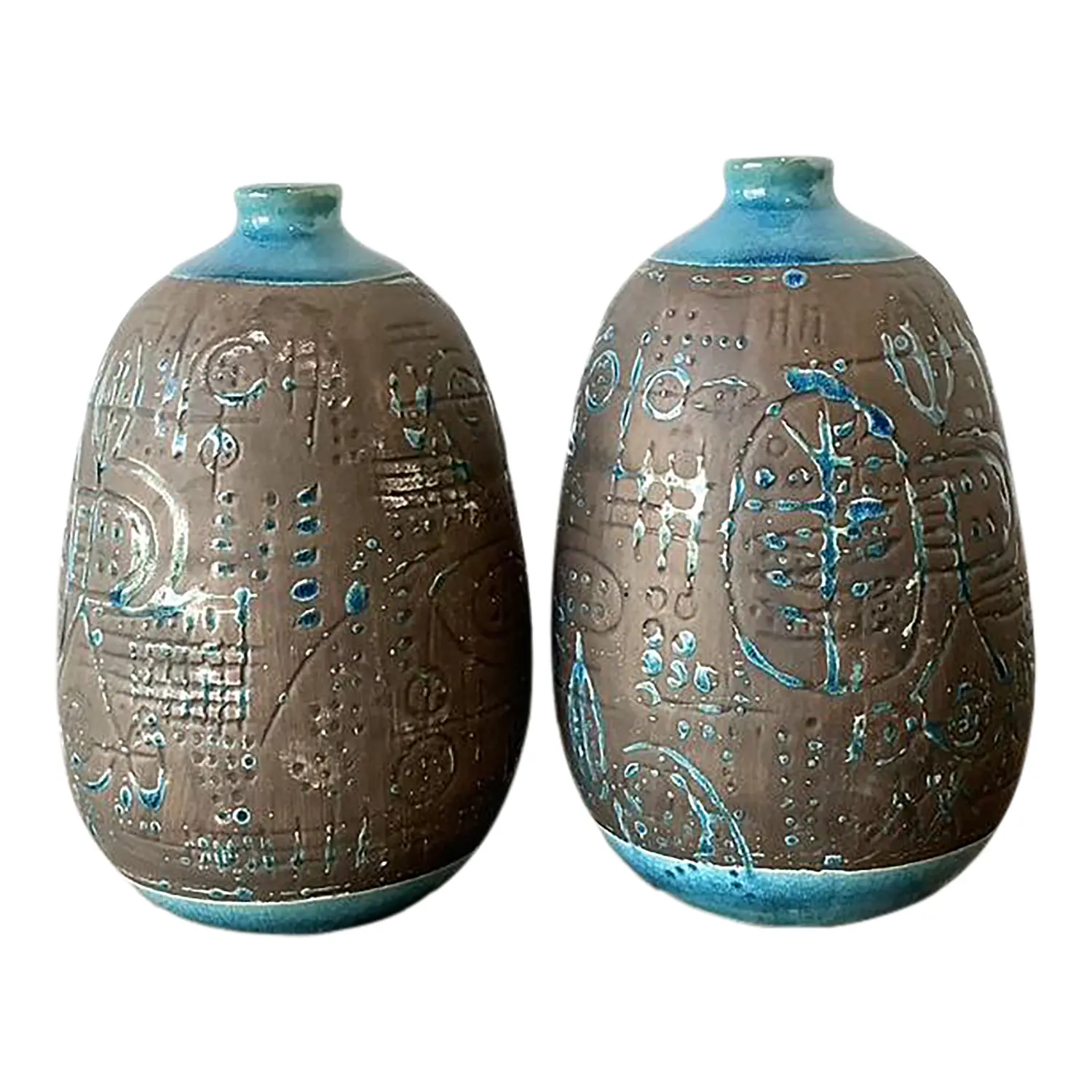 Vintage Glazed Ceramic Scored Vases - A Pair