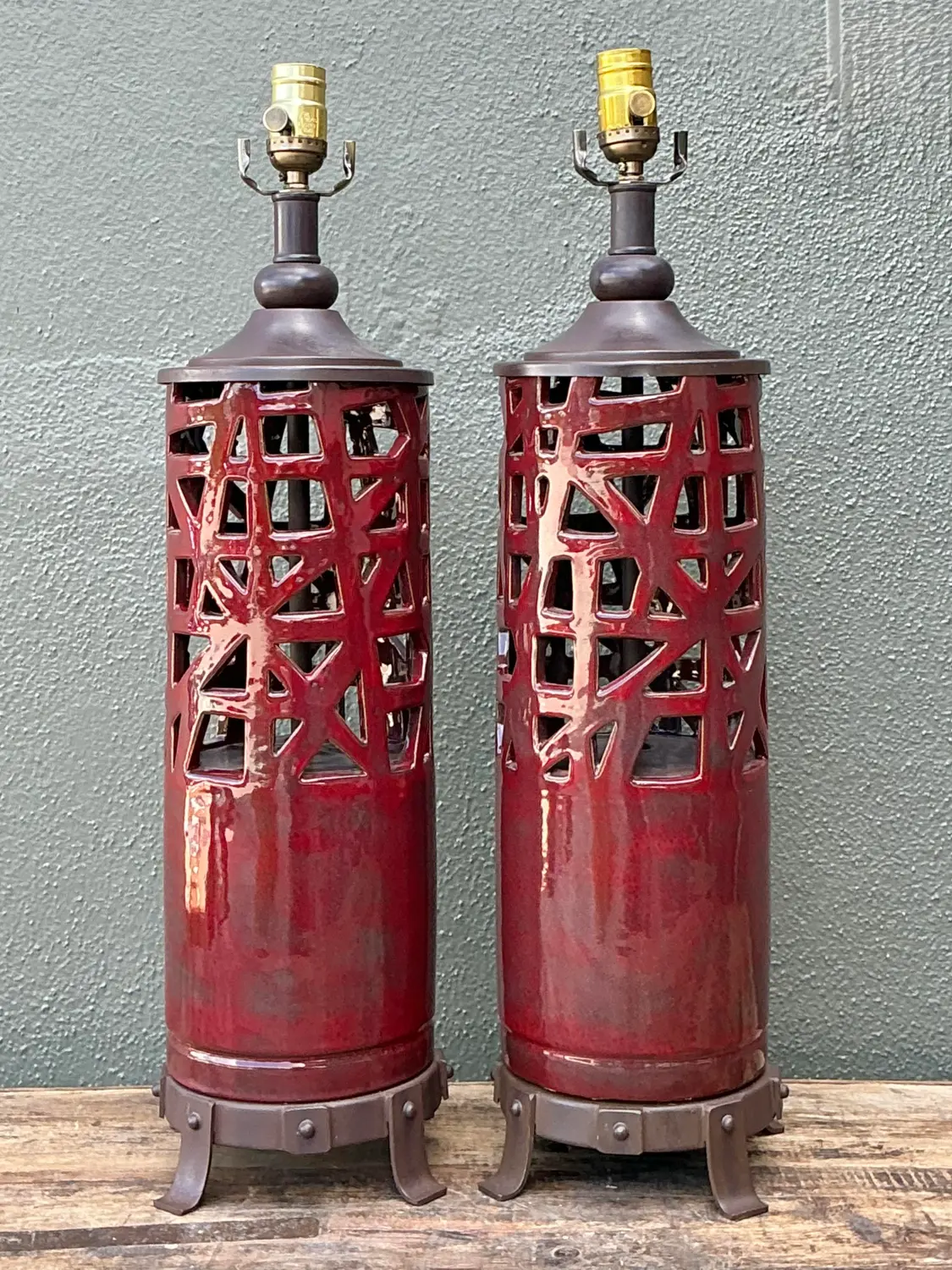 Vintage Glazed Ceramic Table Lamps - A Pair - Top view