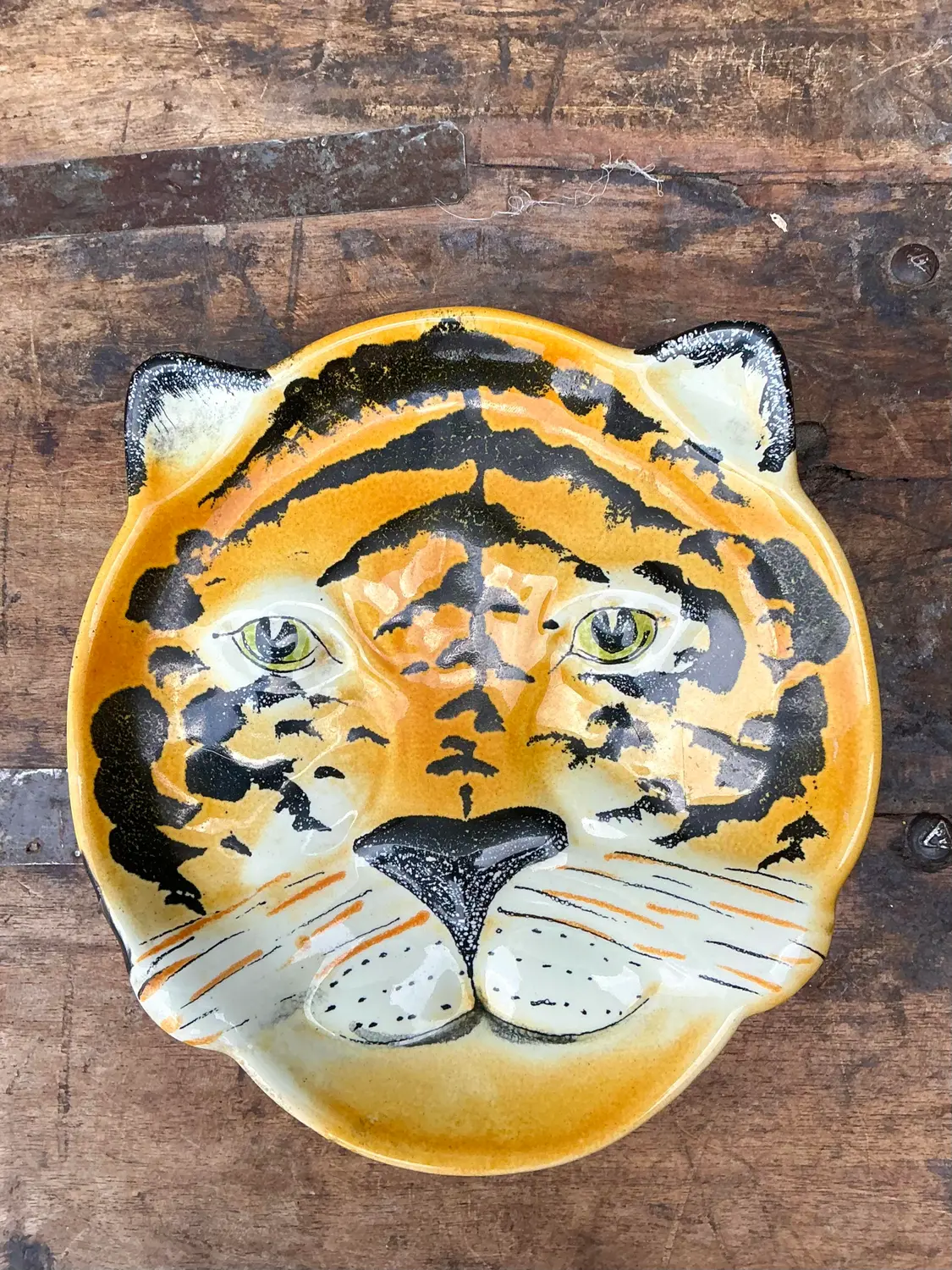 Vintage Glazed Ceramic Tiger Plate - Back view
