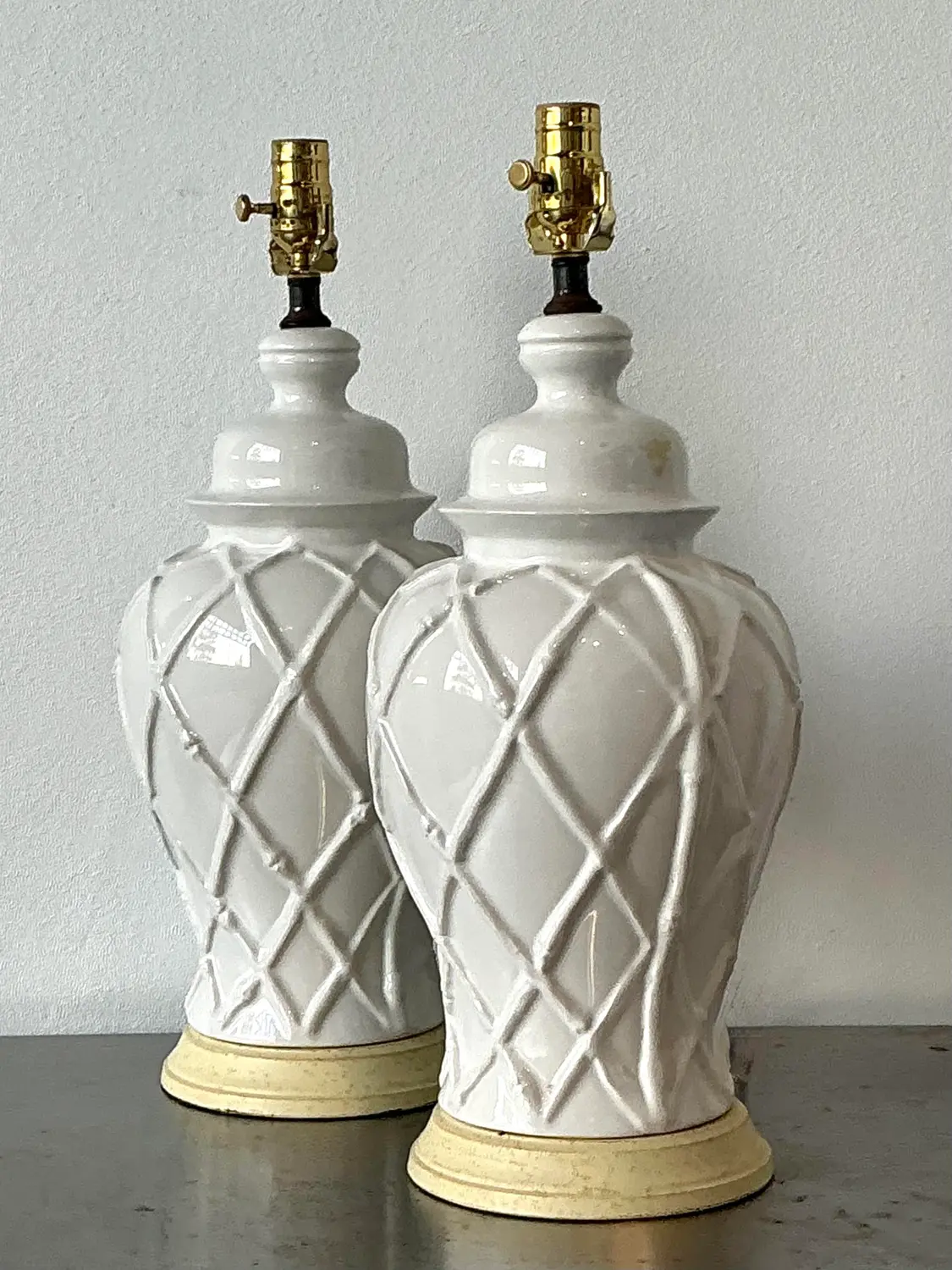 Vintage Glazed Ceramic Trellis Lamps - A Pair - Top view
