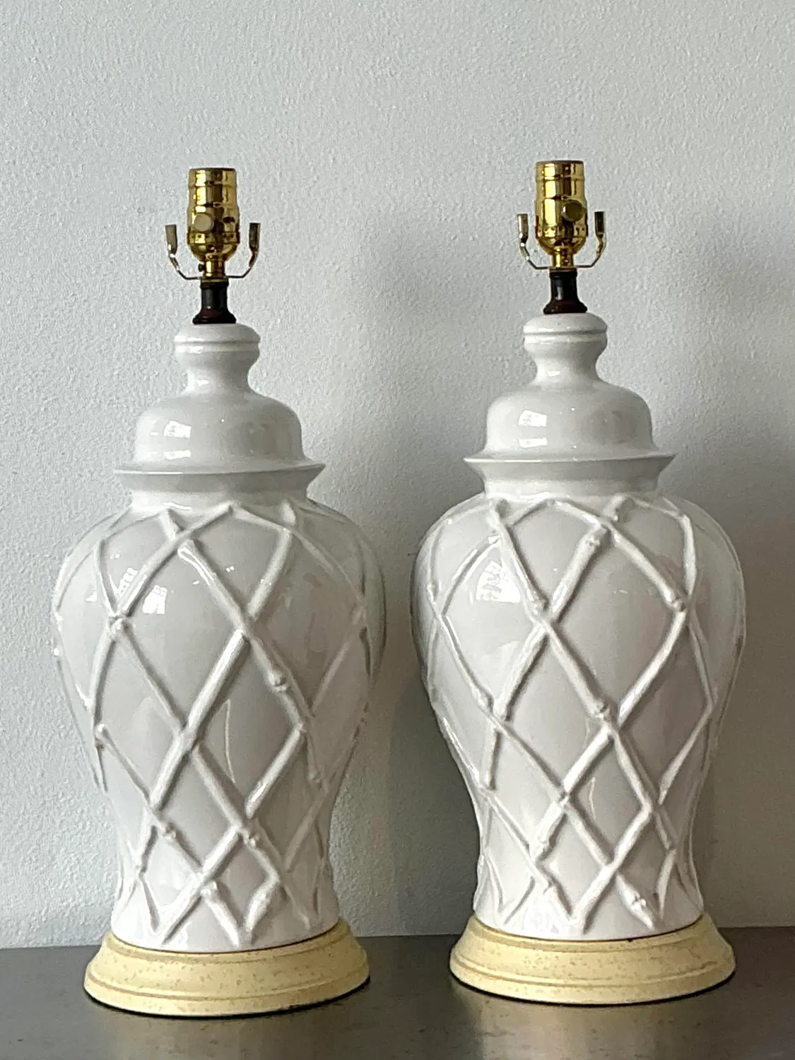 Vintage Glazed Ceramic Trellis Lamps - A Pair - Side view