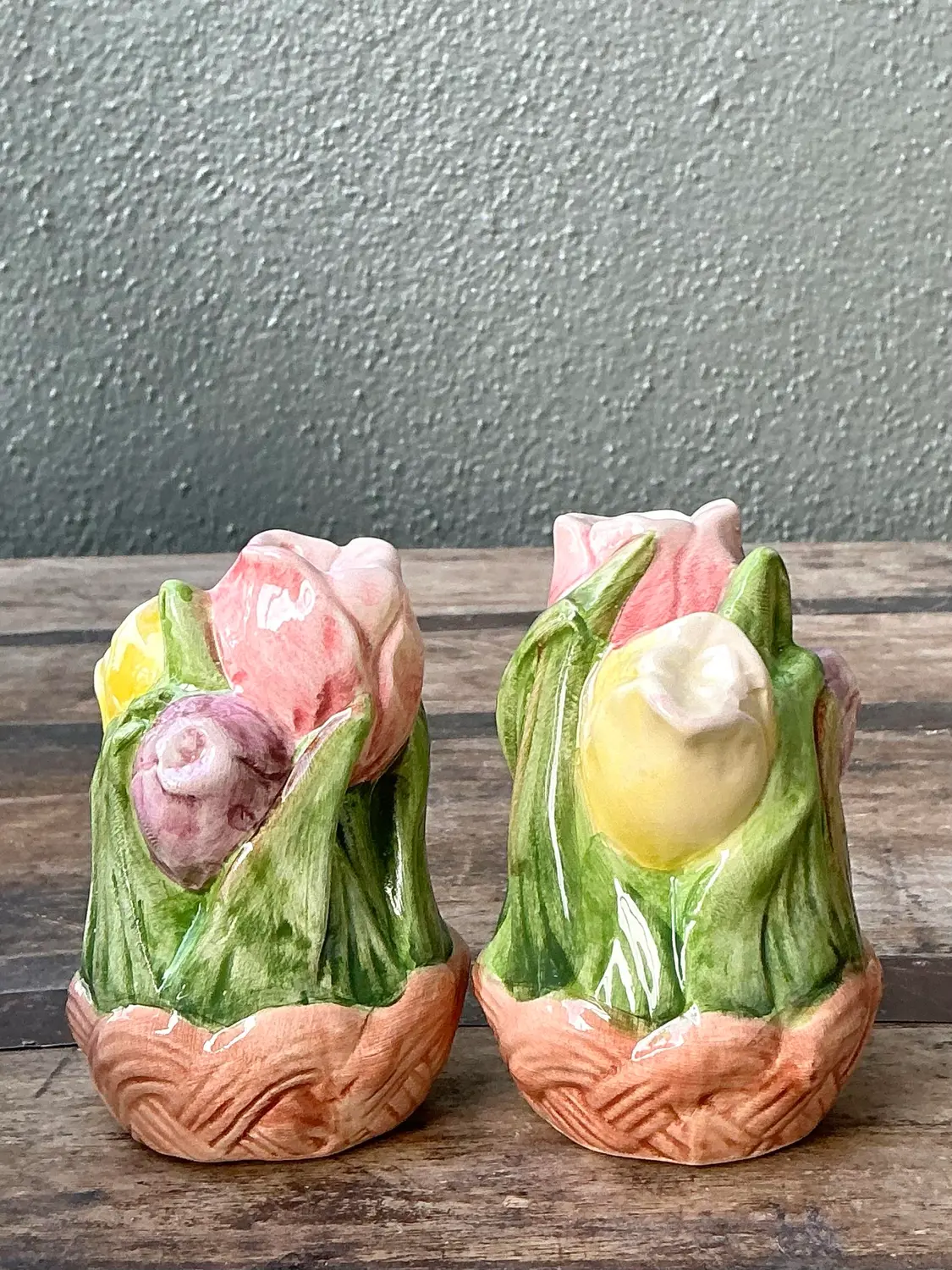 Vintage Glazed Ceramic Tulip Salt and Pepper - Side view