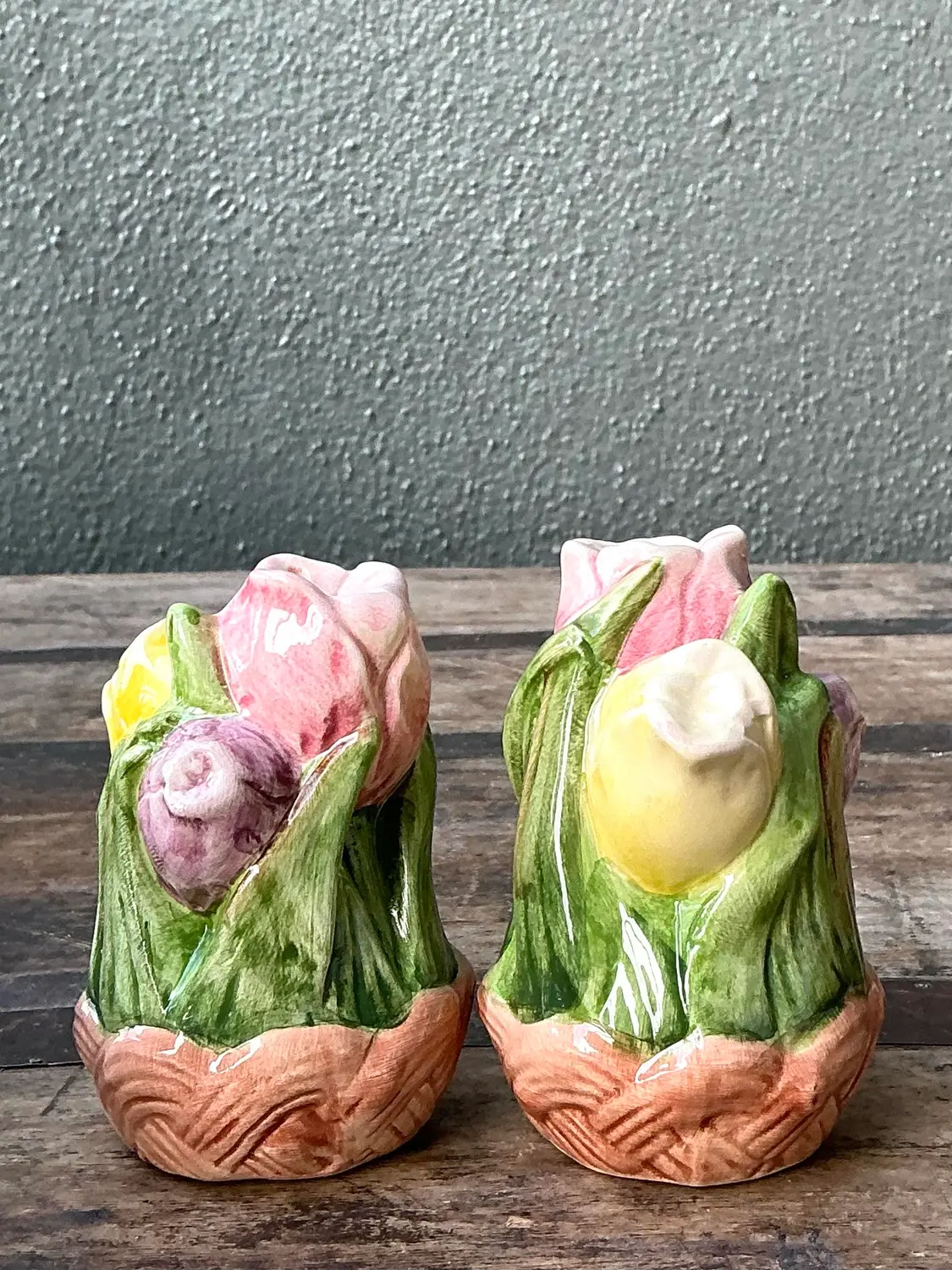 Vintage Glazed Ceramic Tulip Salt and Pepper - Top view