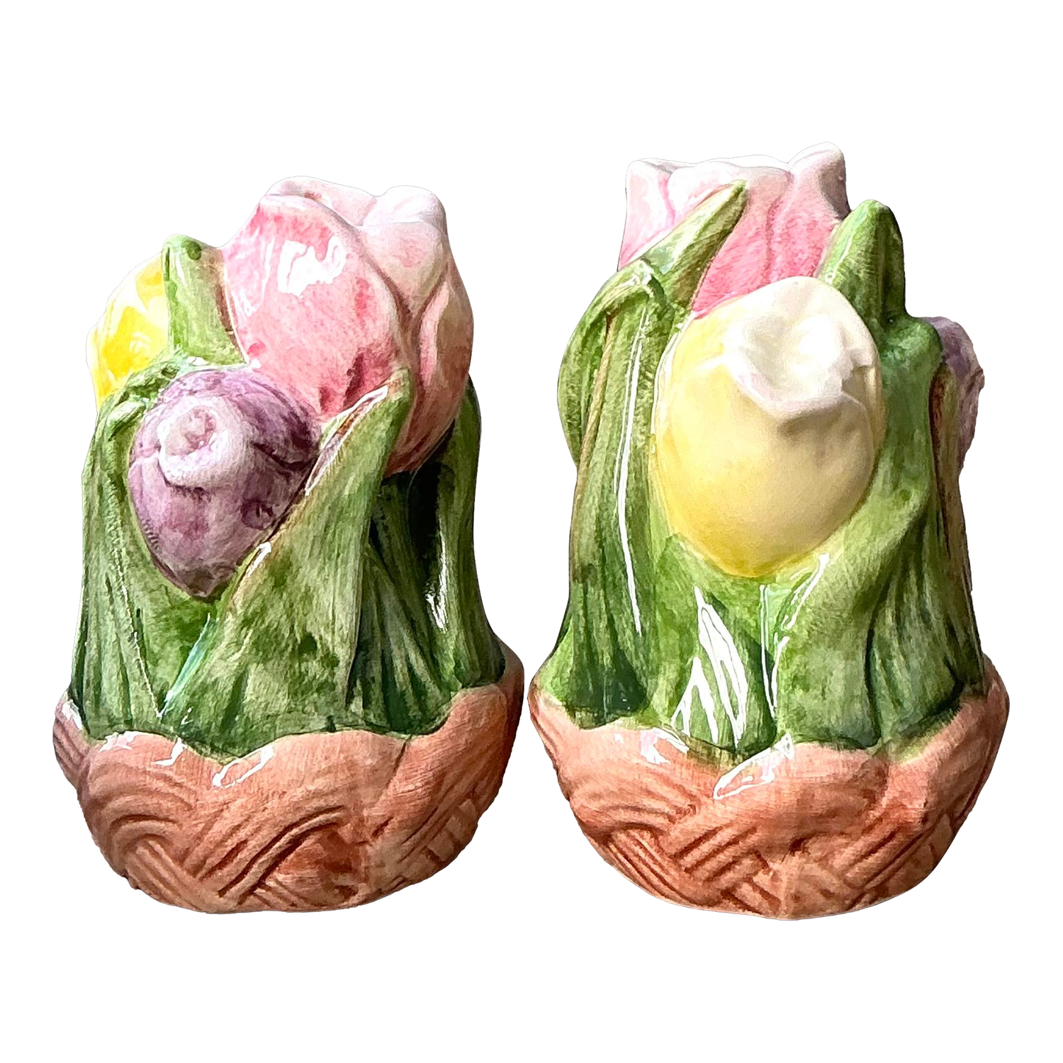 Vintage Glazed Ceramic Tulip Salt and Pepper - Detail view