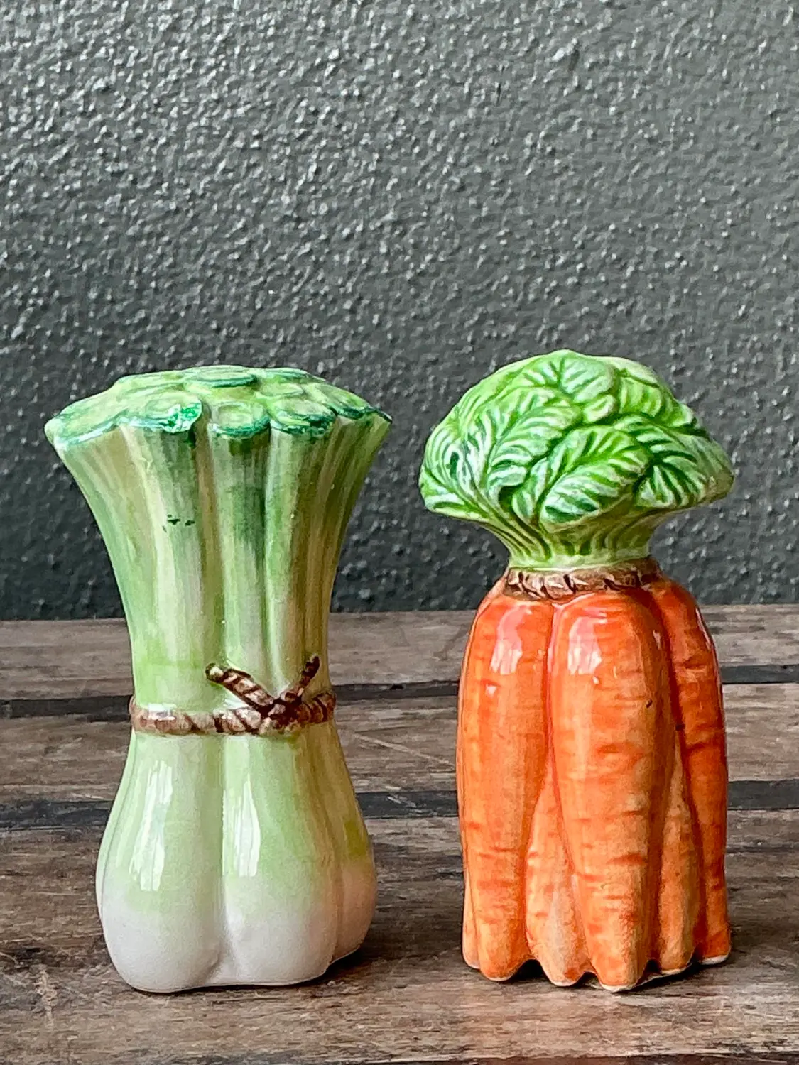 Vintage Glazed Ceramic Vegetables Salt and Pepper Shakers - Set of 2 - Side view