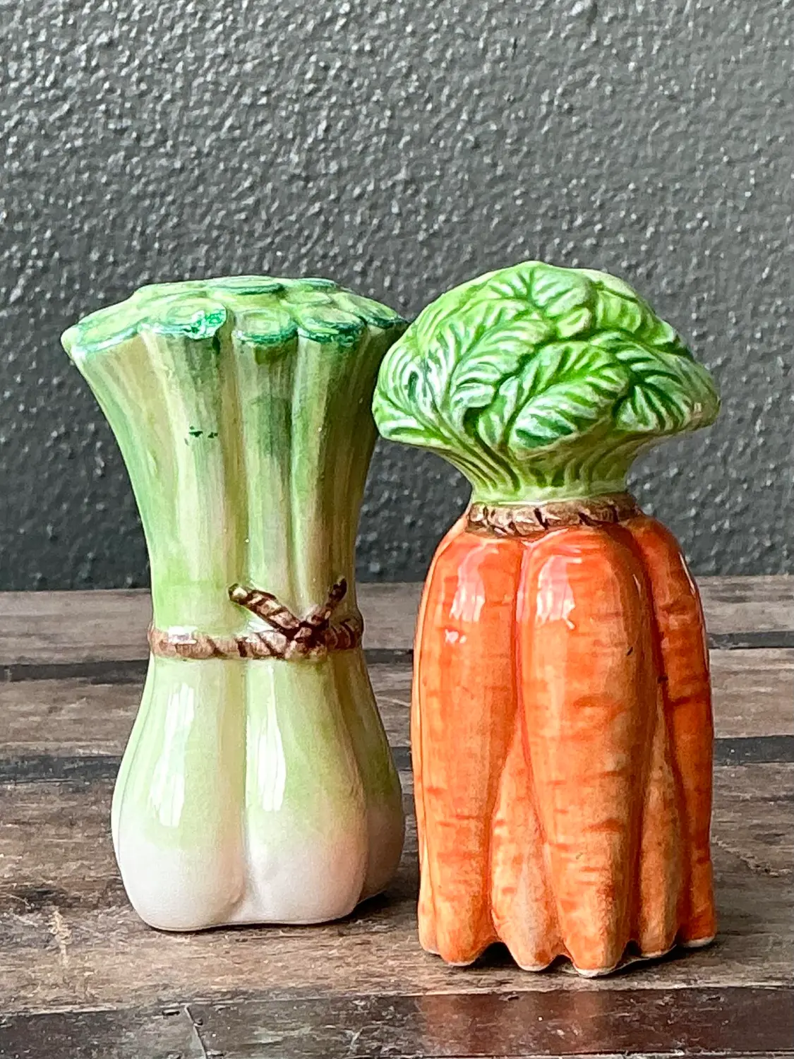 Vintage Glazed Ceramic Vegetables Salt and Pepper Shakers - Set of 2 - Top view