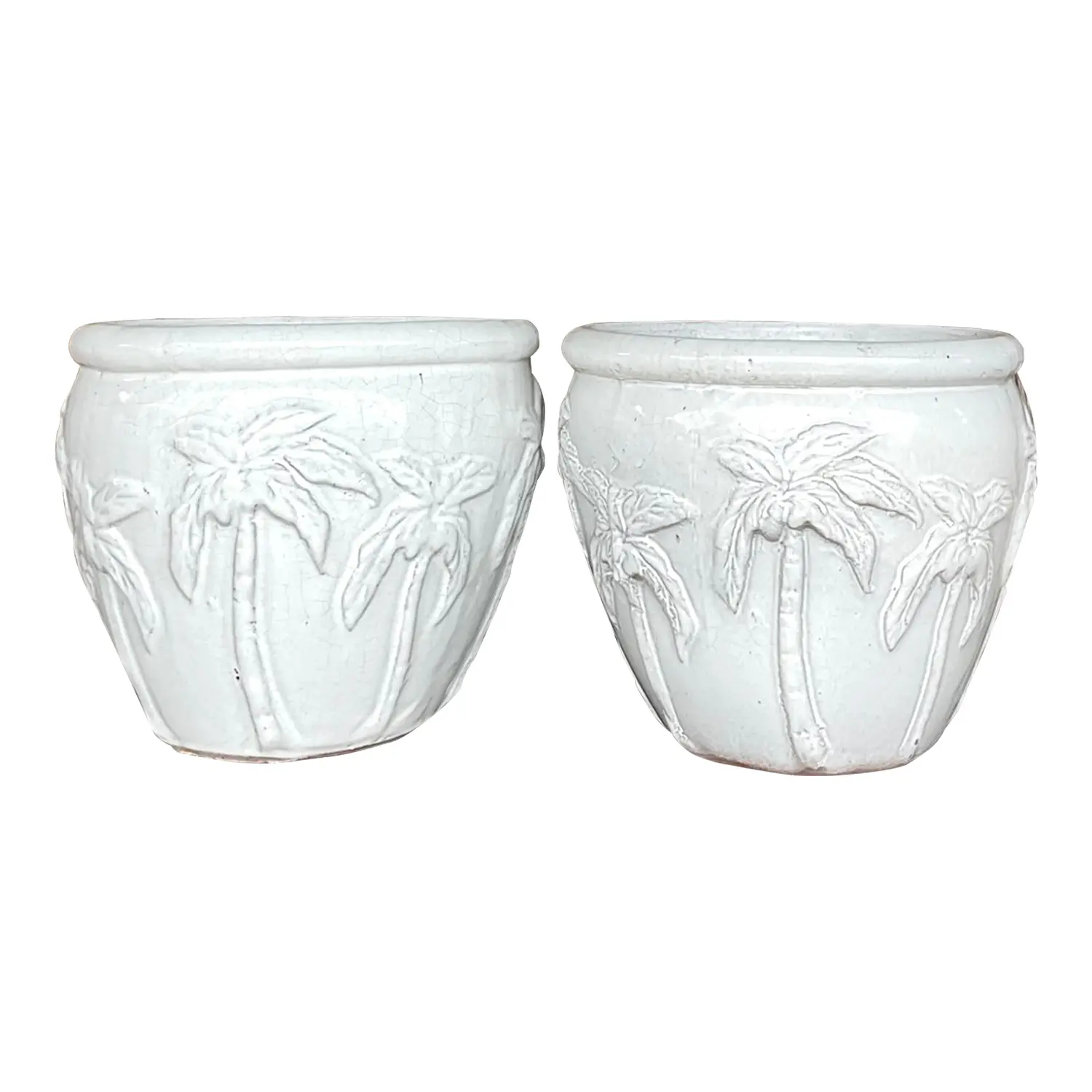 Vintage Glazed Terra Cotta Palm Tree Planters - a Pair