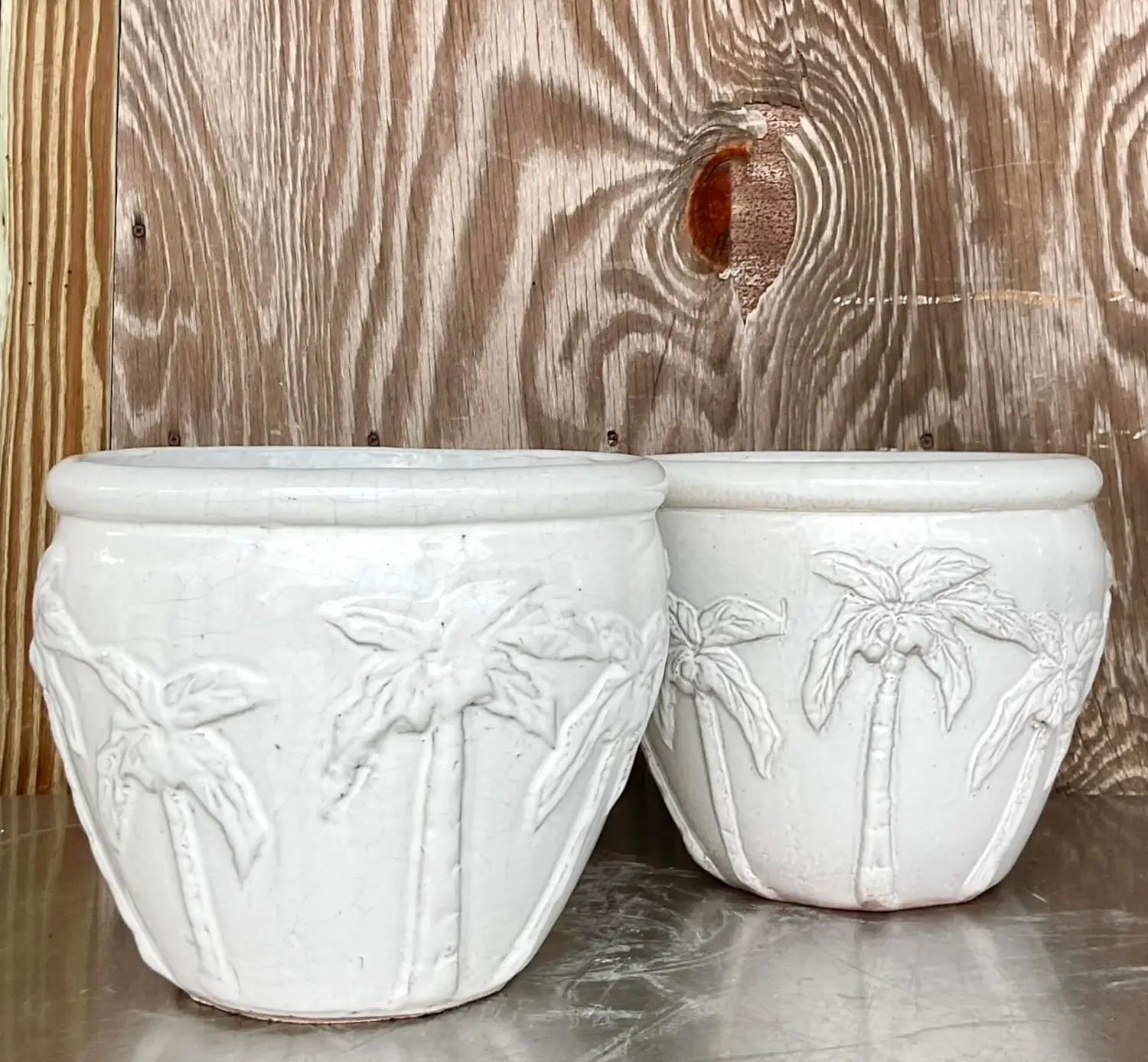 Vintage Glazed Terra Cotta Palm Tree Planters - a Pair - Top view