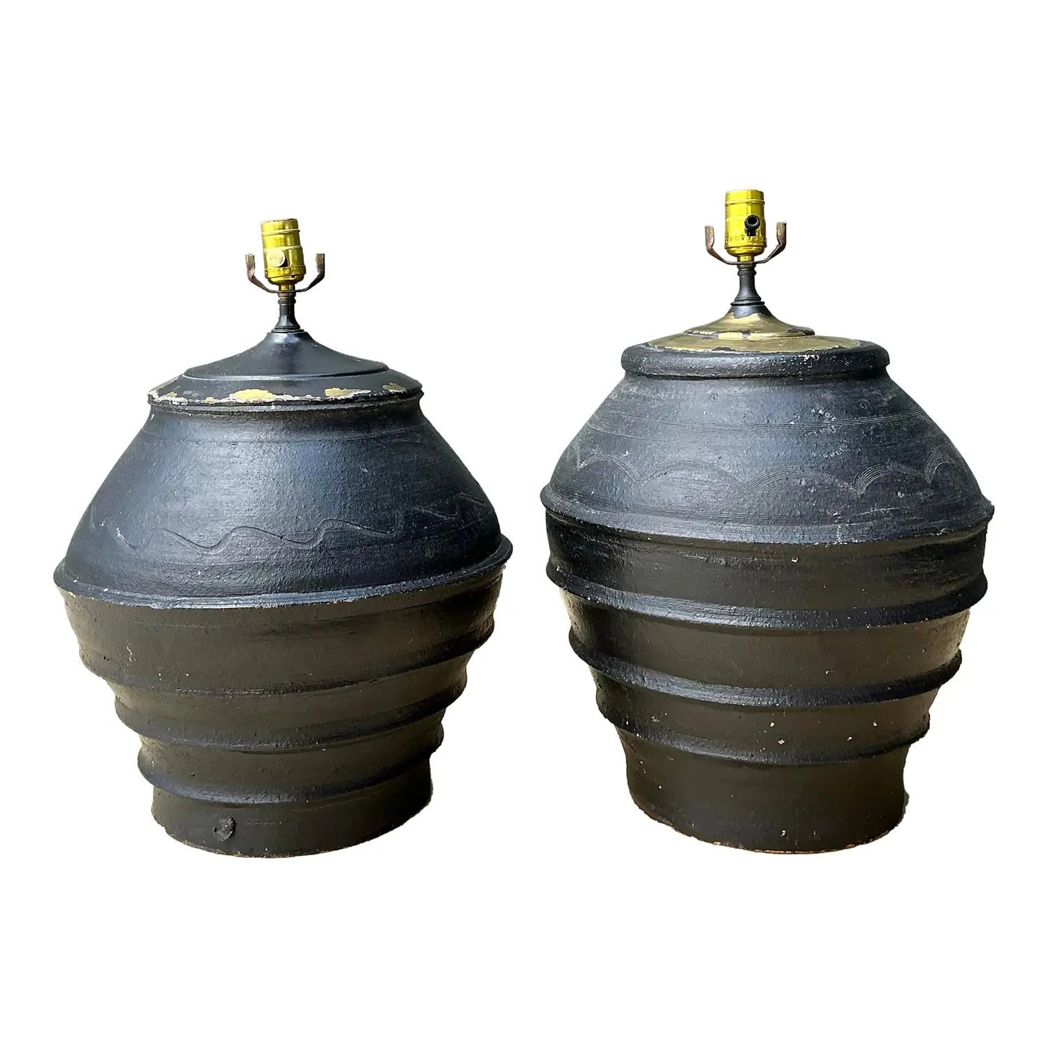 Vintage Greek Painted Terracotta Lamps - A Pair