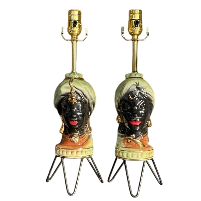 Vintage Gypsy Glazed Period Bust Lamp- a Pair - Detail view