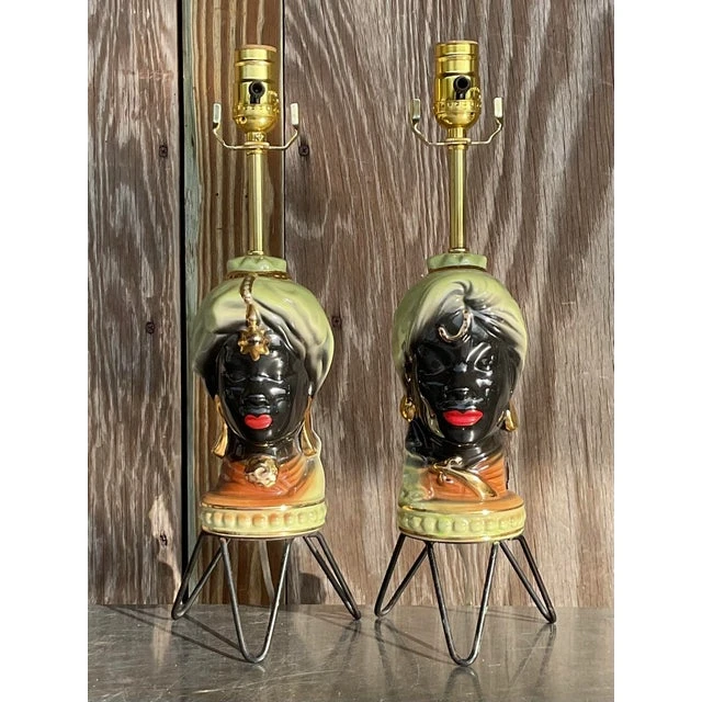 Vintage Gypsy Glazed Period Bust Lamp- a Pair - Side view