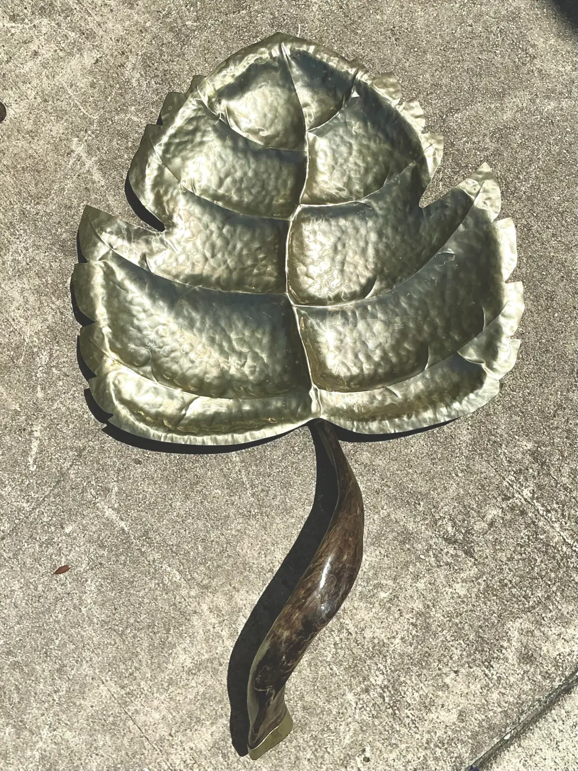 Vintage Hammered Metal Leaf Tray With Horn Handle - Back view