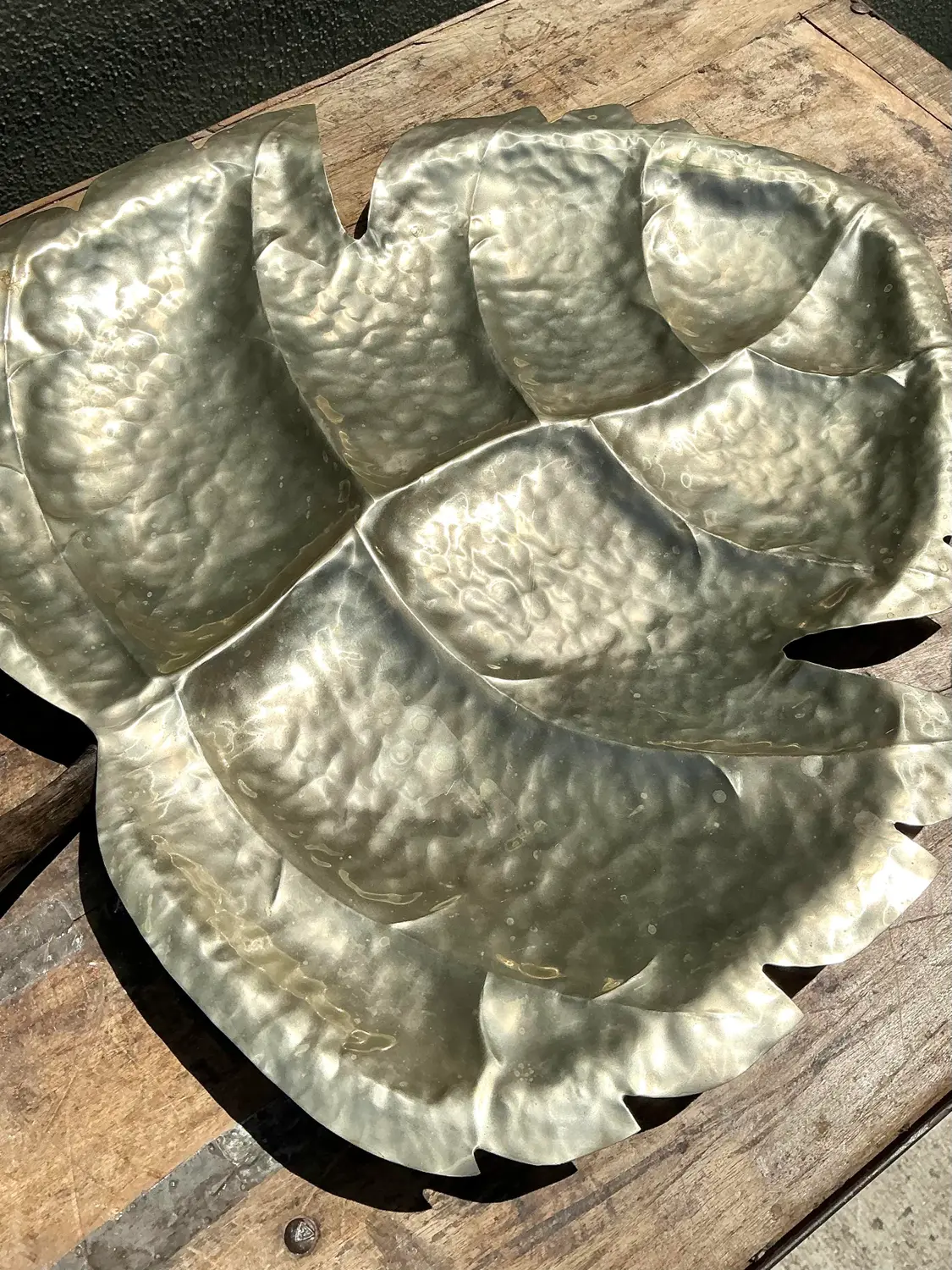 Vintage Hammered Metal Leaf Tray With Horn Handle - Top view