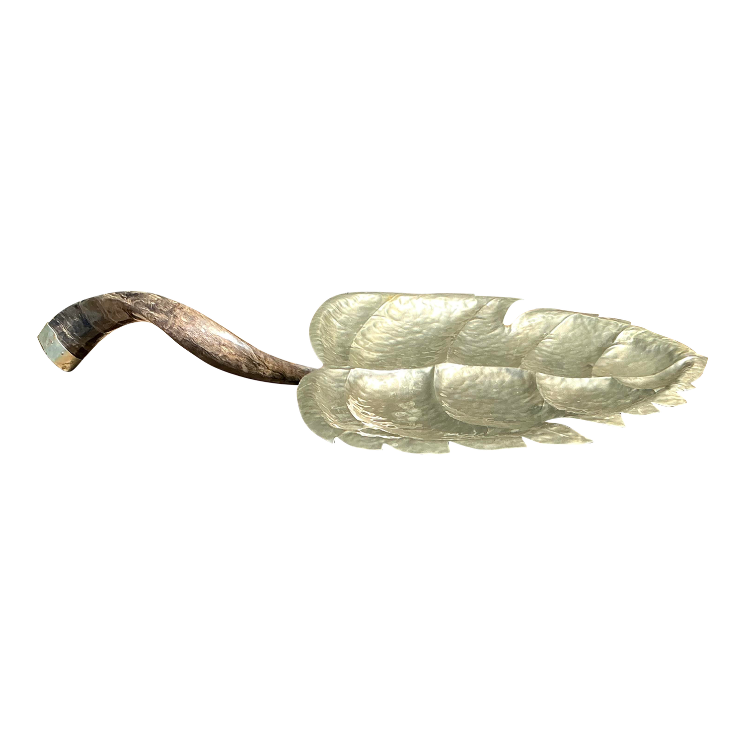 Vintage Hammered Metal Leaf Tray With Horn Handle - Detail view