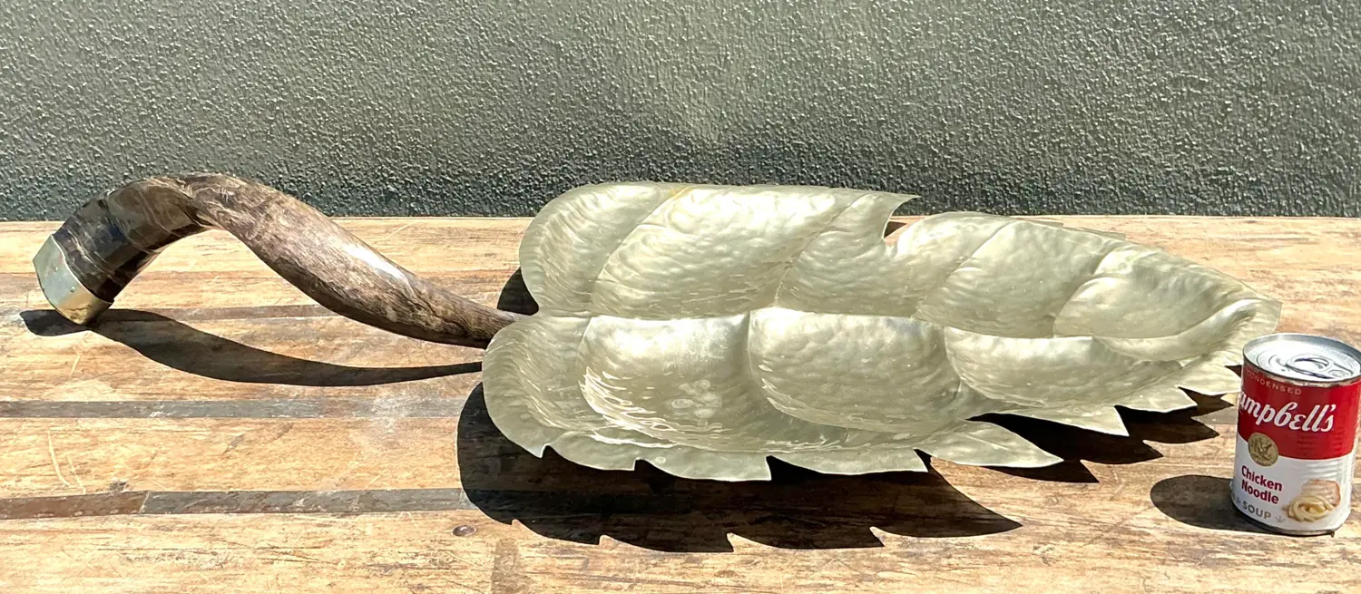 Vintage Hammered Metal Leaf Tray With Horn Handle - Side view