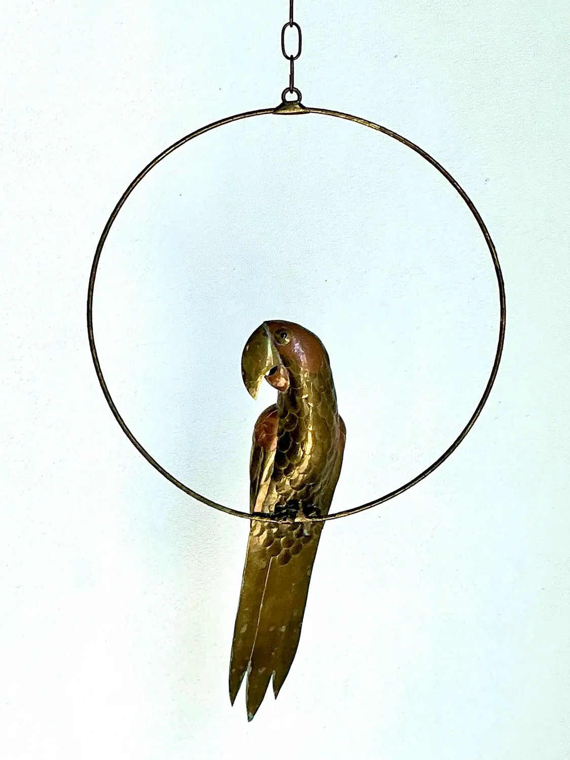 Vintage Hammered Metal Parrot on Ring After Sergio Bustamante - Side view