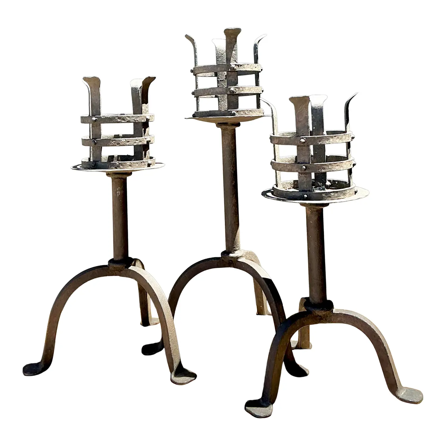 Vintage Hammered Wrought Iron Cage Candlesticks - Set of 3