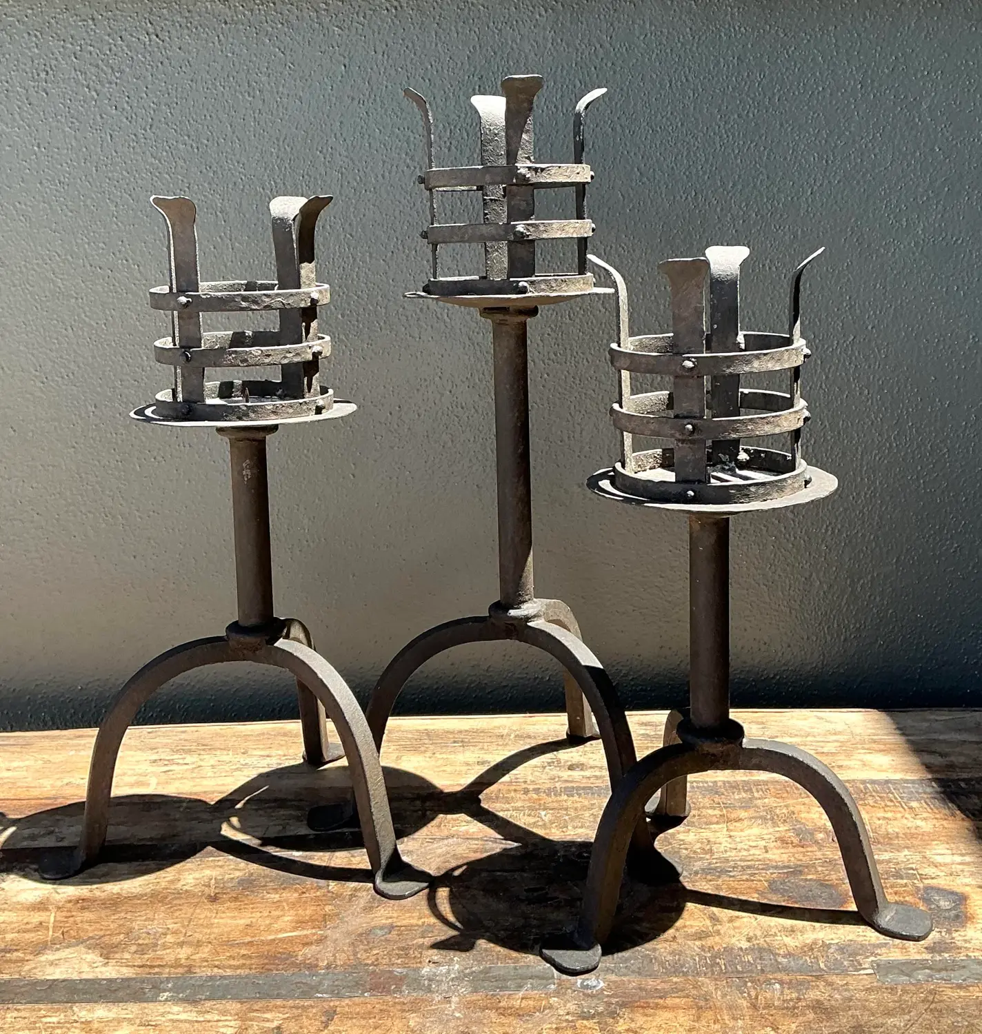Vintage Hammered Wrought Iron Cage Candlesticks - Set of 3 - Side view