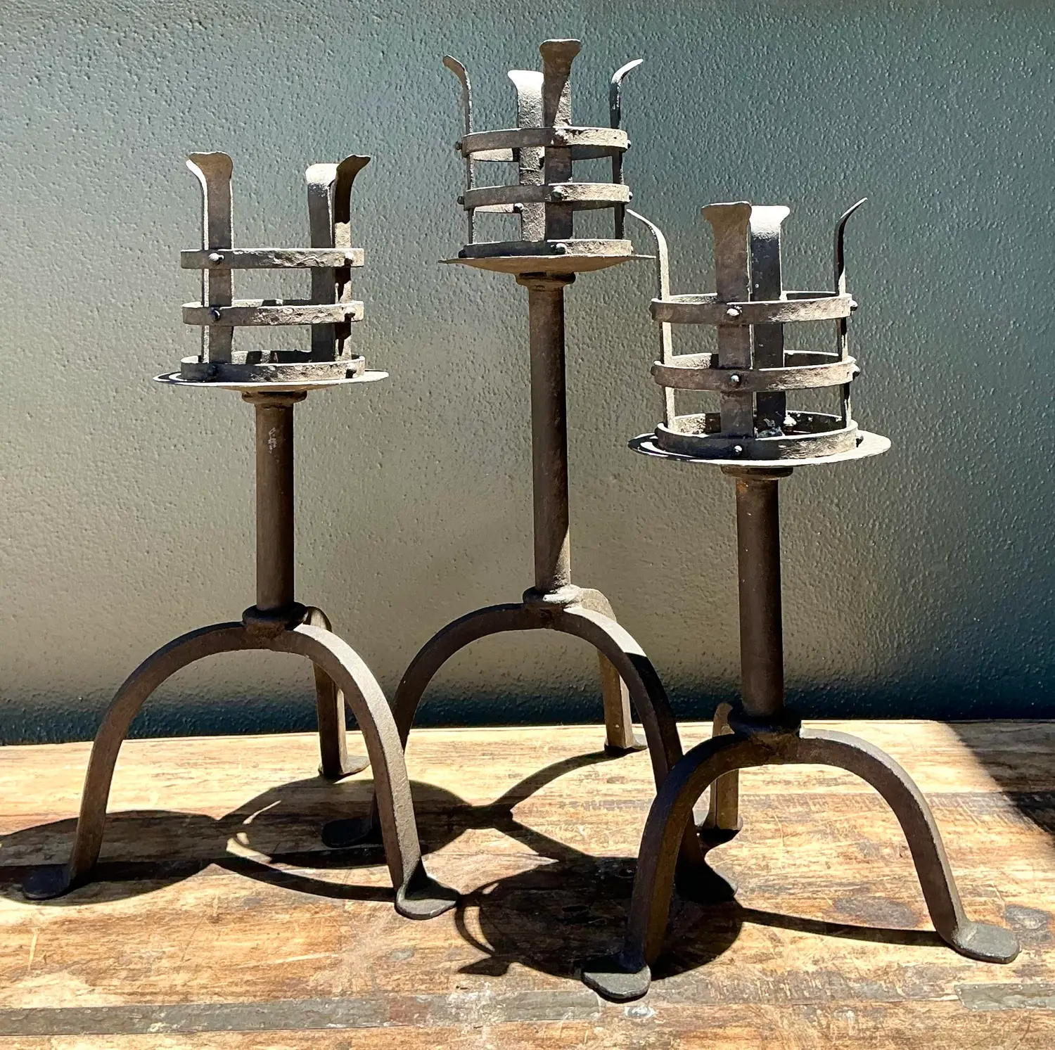 Vintage Hammered Wrought Iron Cage Candlesticks - Set of 3 - Top view