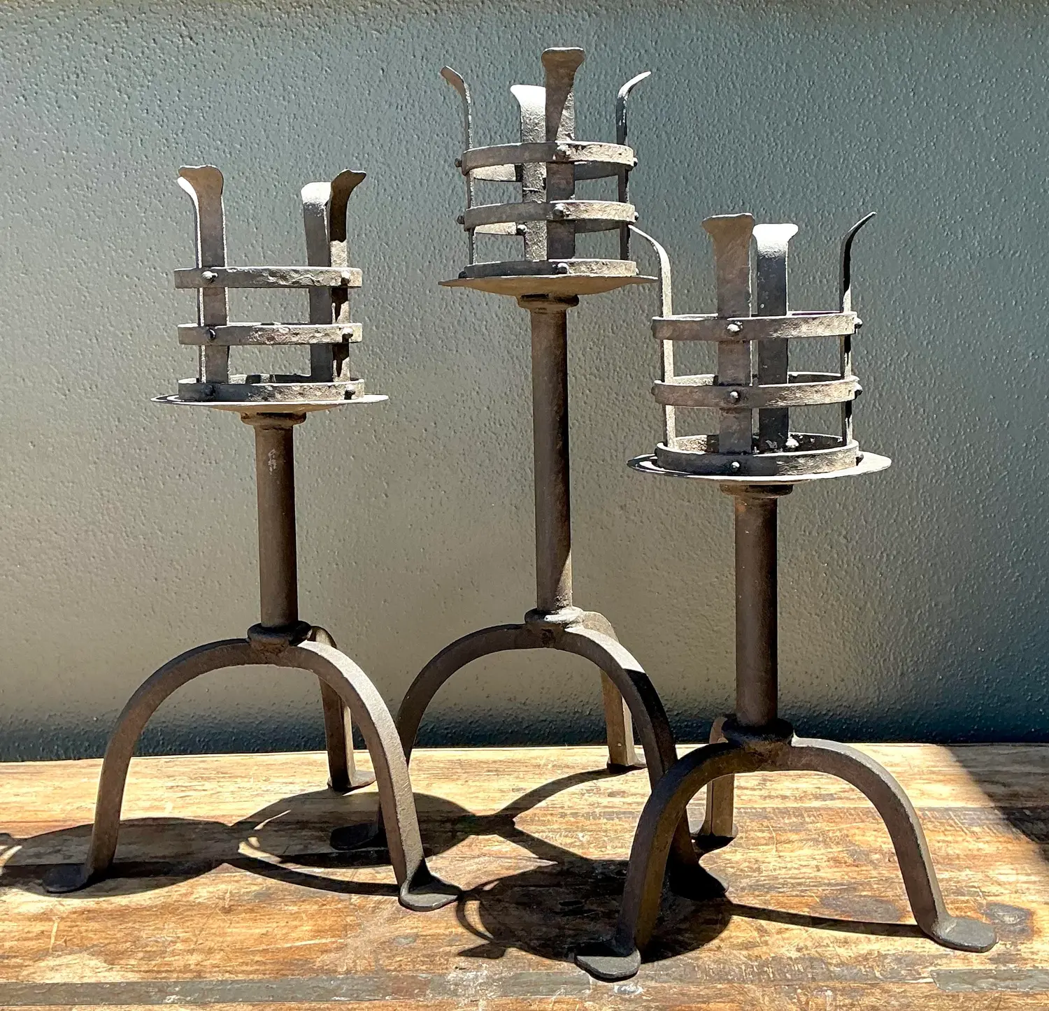 Vintage Hammered Wrought Iron Cage Candlesticks - Set of 3 - Back view