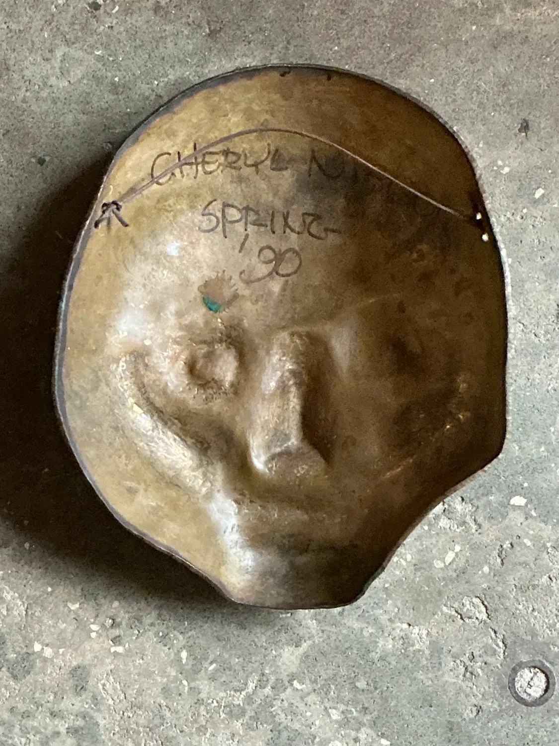 Vintage Hammered Z Bronze Death Mask Wall Sculpture - Top view