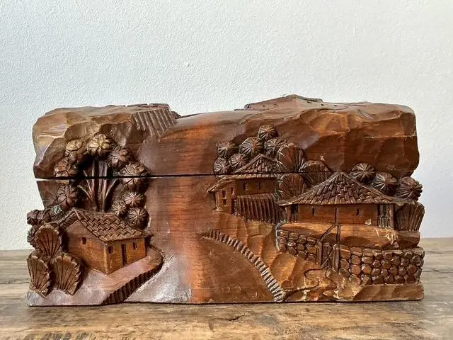 Vintage Hand Carved Asian Landscape Wood Box - Detail view