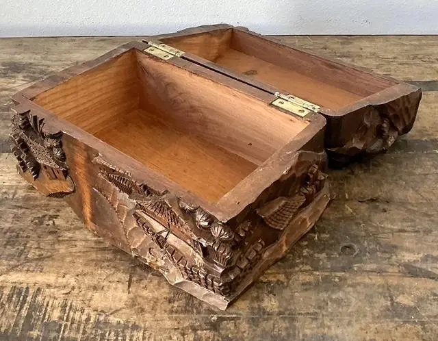 Vintage Hand Carved Asian Landscape Wood Box - Back view