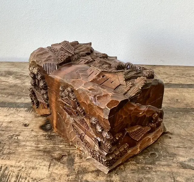 Vintage Hand Carved Asian Landscape Wood Box - Side view