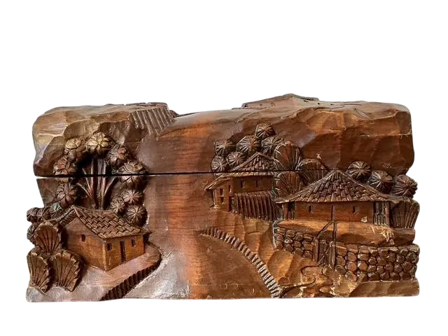 Vintage Hand Carved Asian Landscape Wood Box
