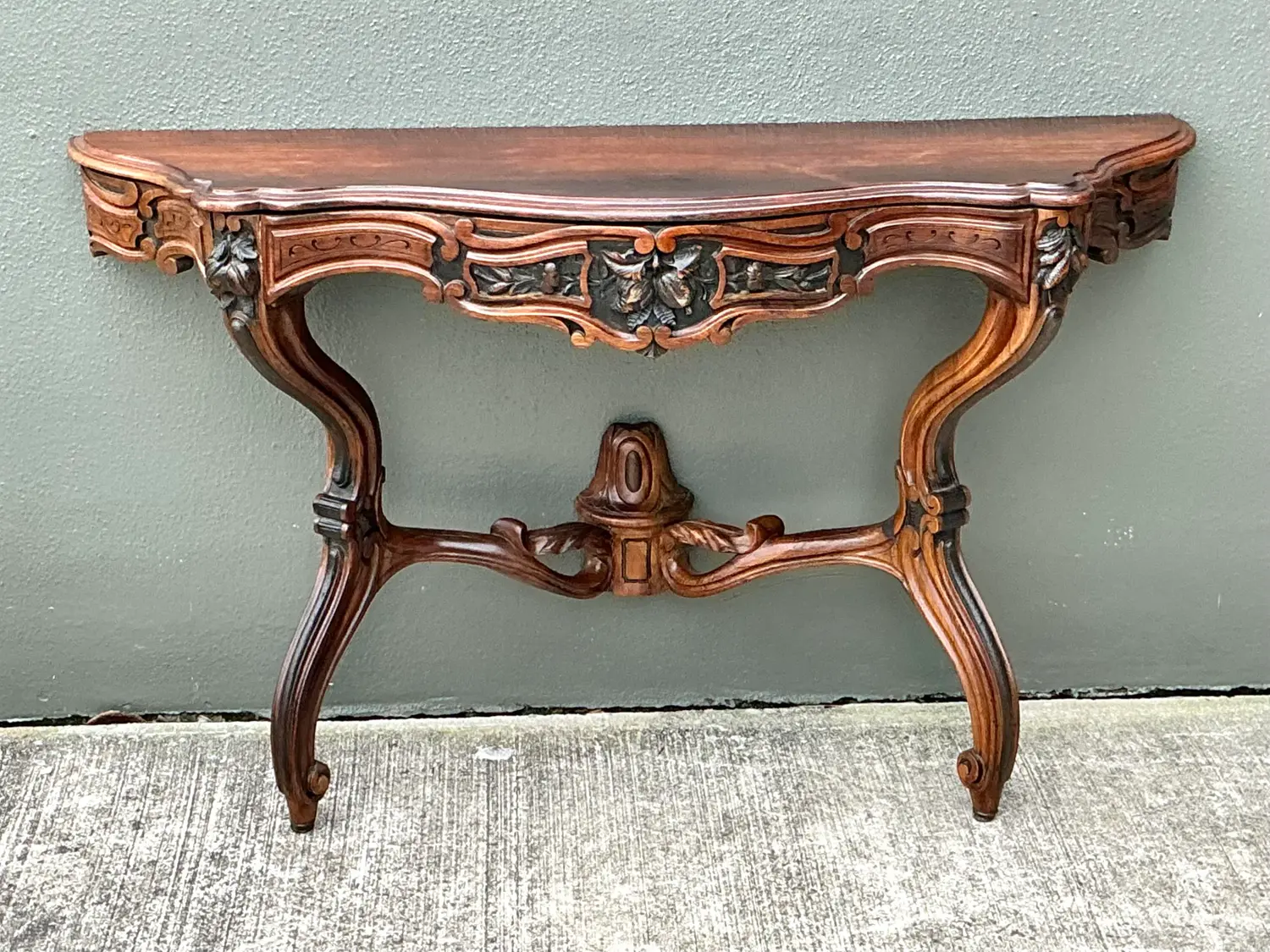 Vintage Hand Carved Demilune Wall Mount Console Table - Side view