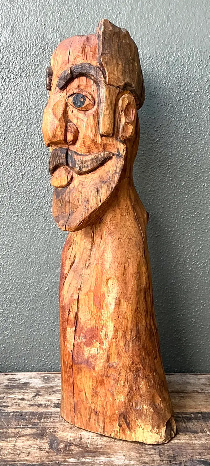 Vintage Hand Carved Man With Mustache - Back view