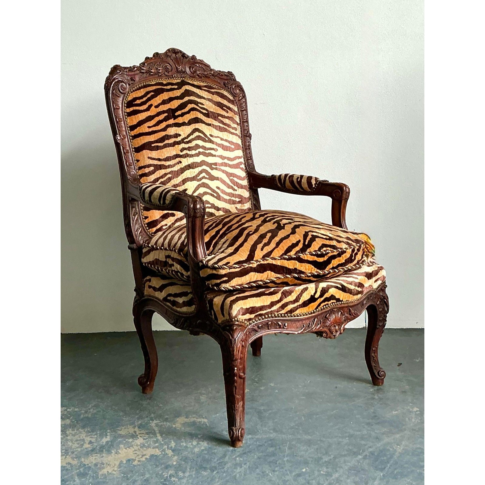 Vintage Hand Carved Scalamandre Fauteuil Chair - Side view