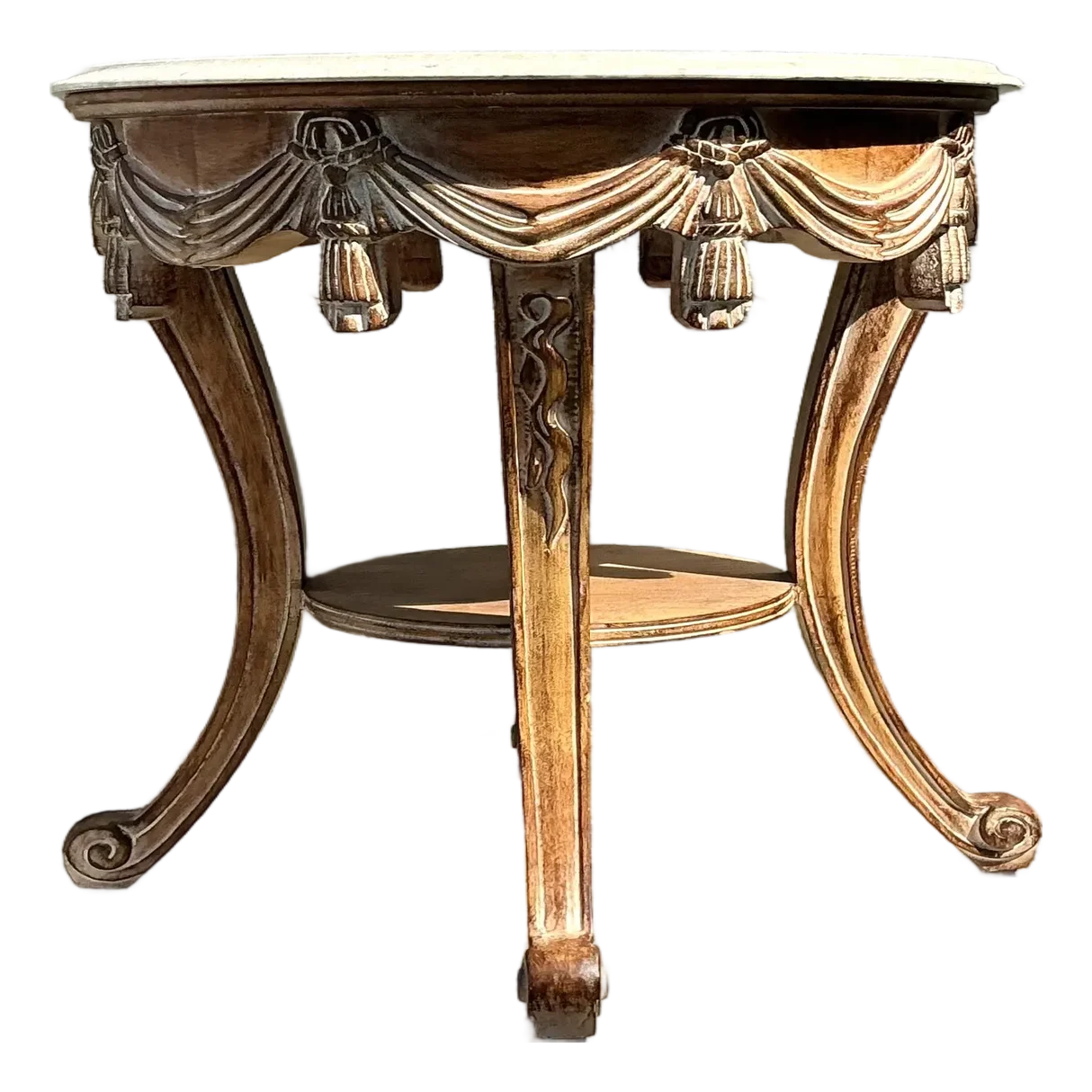 Vintage Hand Carved Swag and Tassel Side Table - Detail view