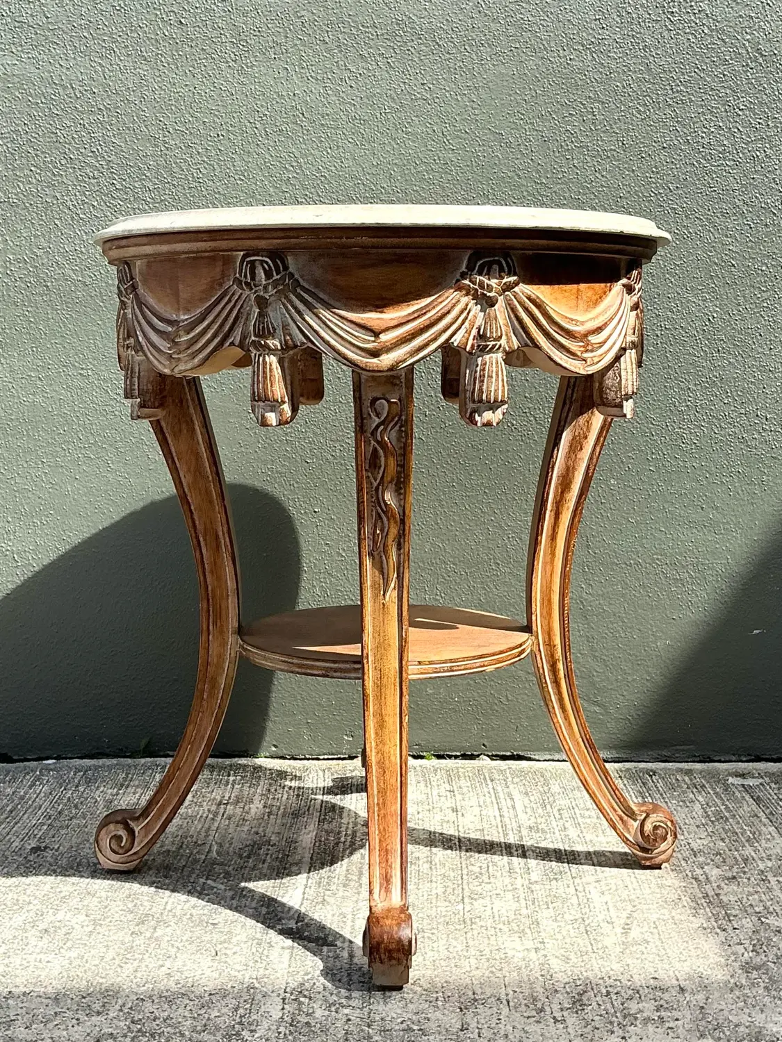 Vintage Hand Carved Swag and Tassel Side Table - Side view