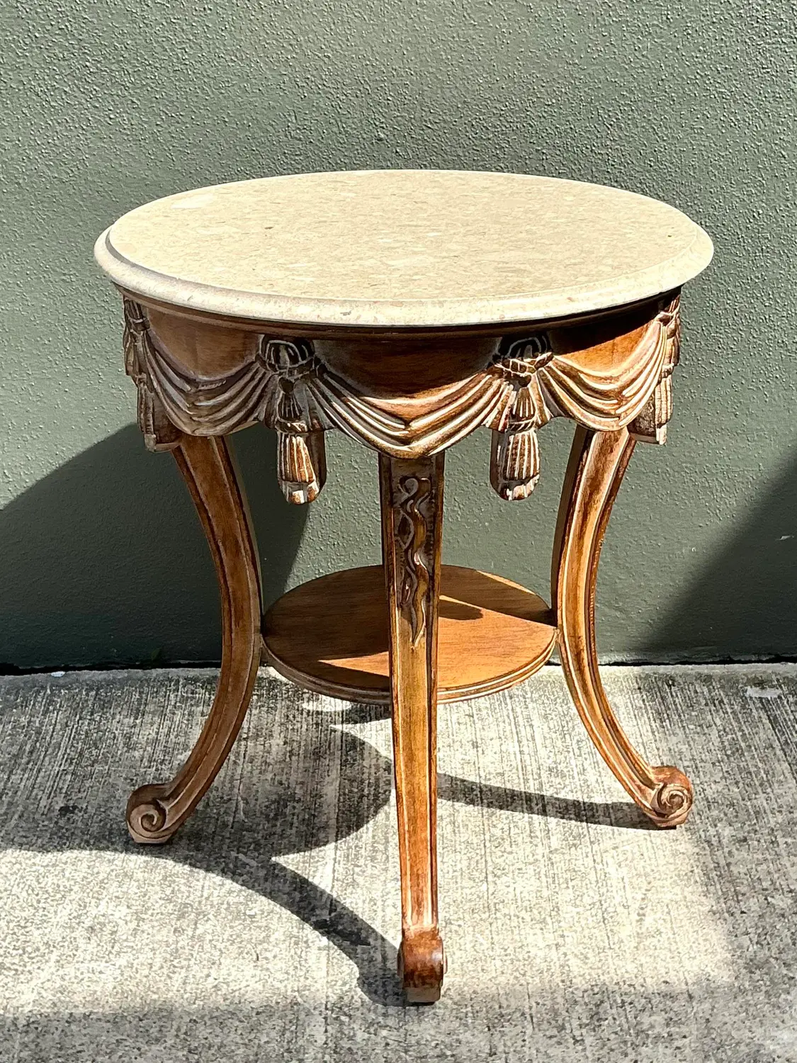 Vintage Hand Carved Swag and Tassel Side Table - Top view