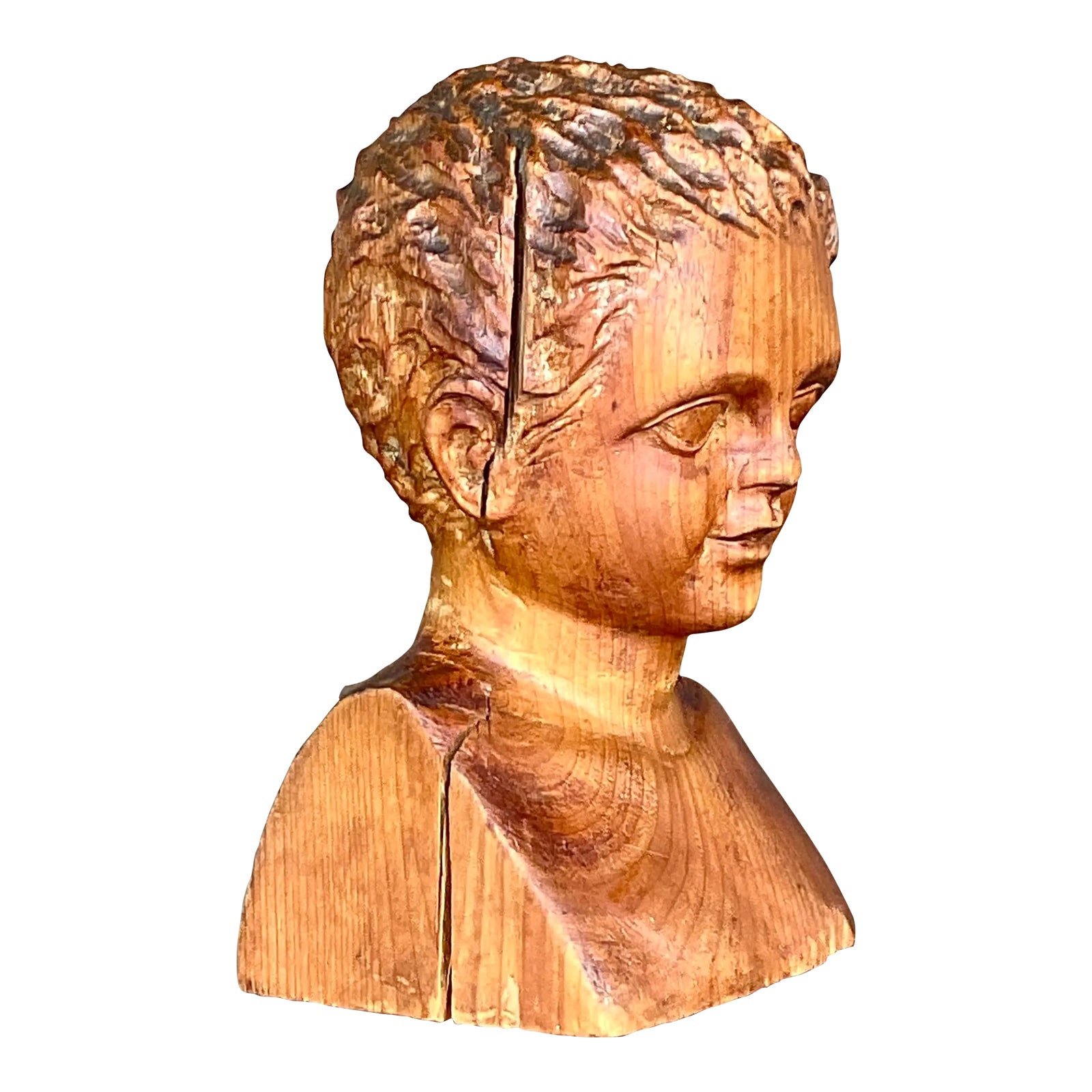 Vintage Hand Carved Wood Bust of Child Sculpture