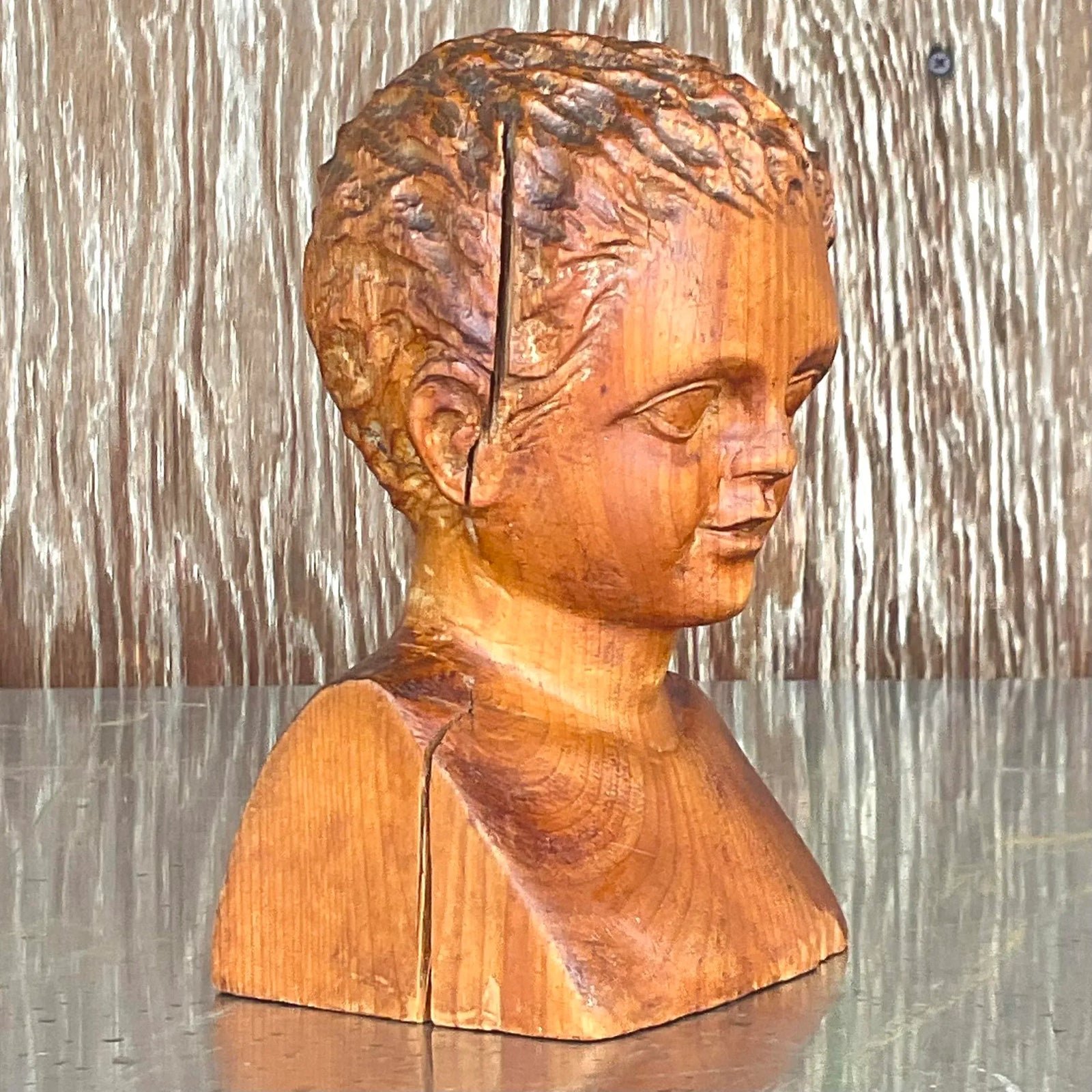 Vintage Hand Carved Wood Bust of Child Sculpture - Top view