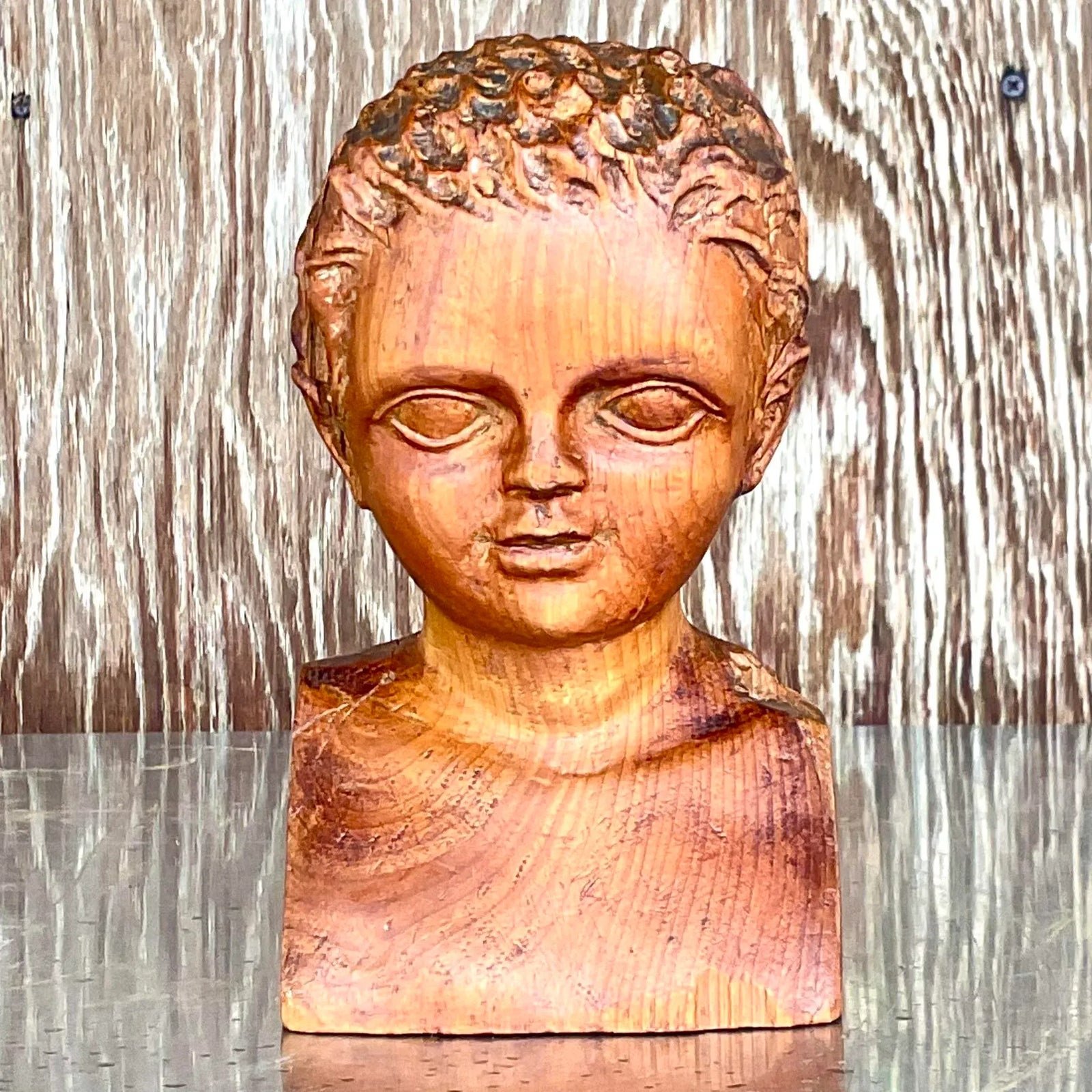 Vintage Hand Carved Wood Bust of Child Sculpture - Detail view