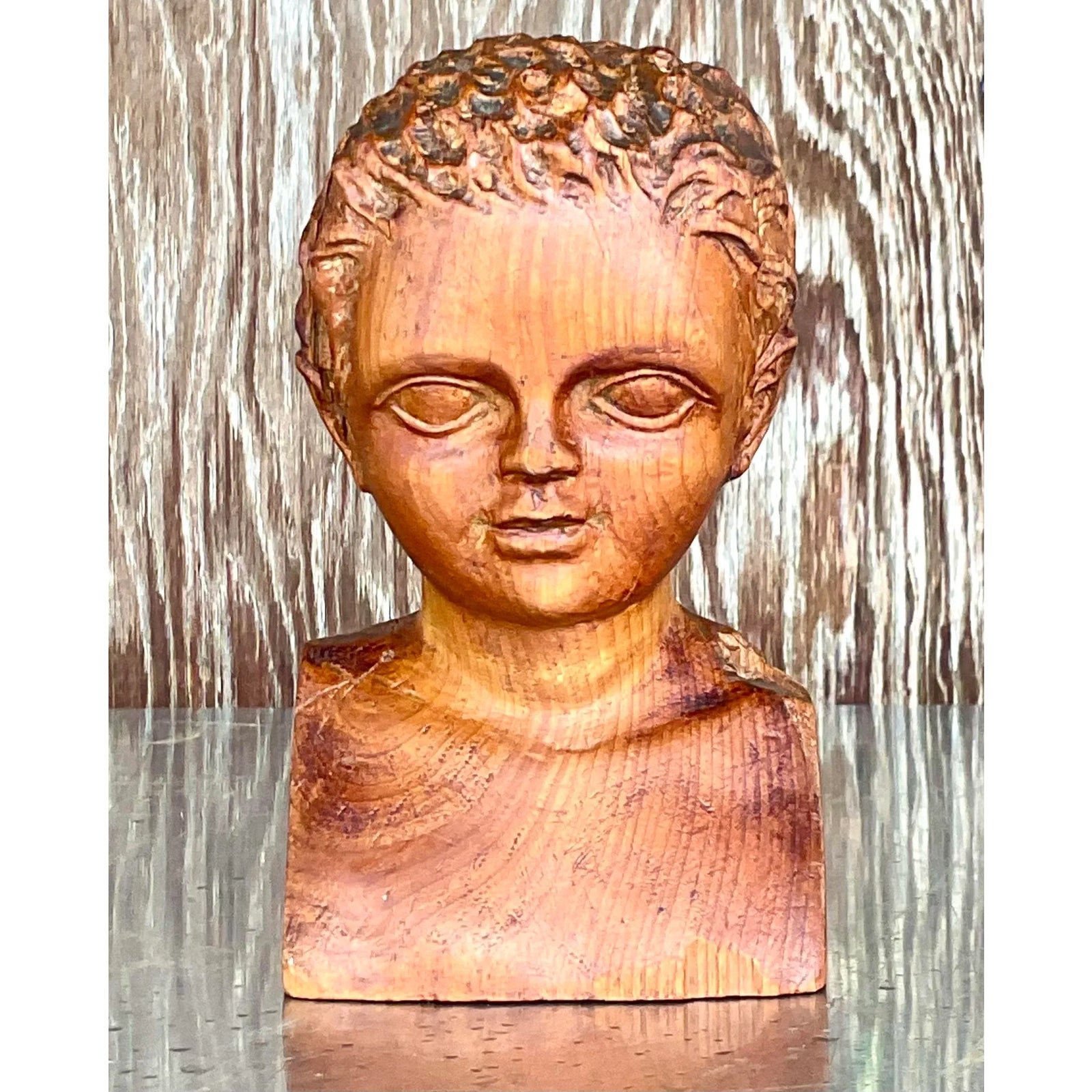 Vintage Hand Carved Wood Bust of Child Sculpture - Side view