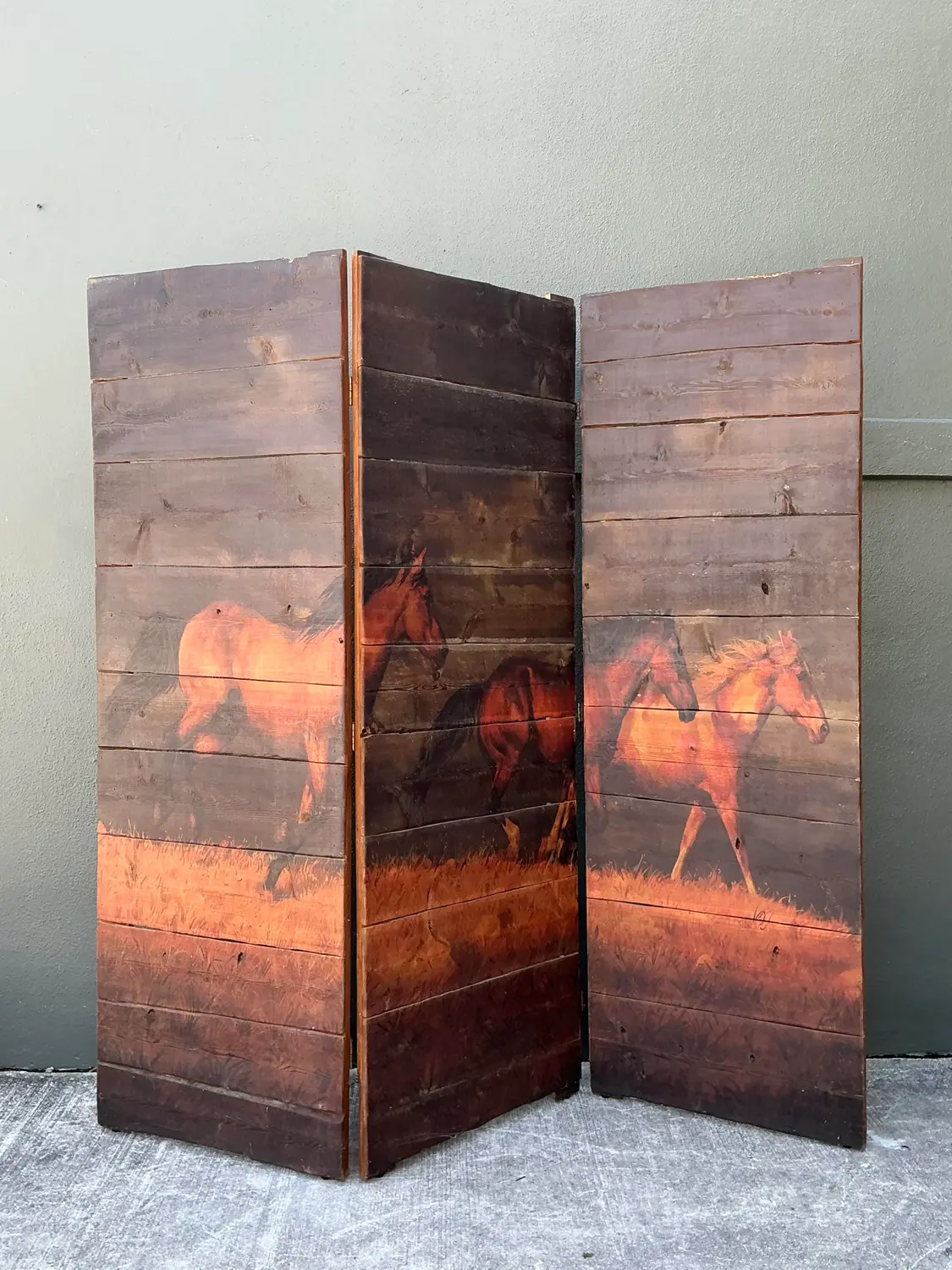 Vintage Hand Painted Barn Wood Folding Screen - Side view
