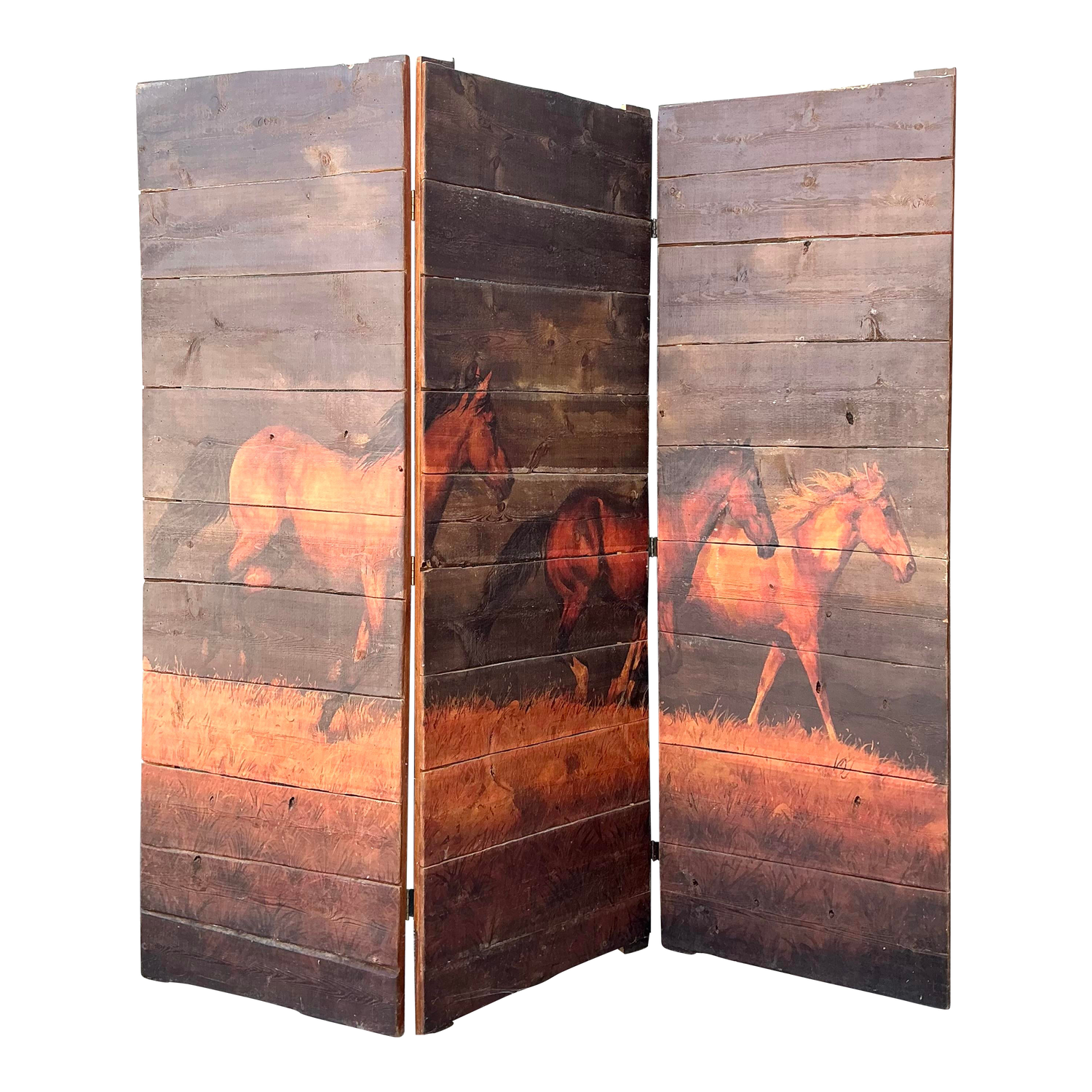 Vintage Hand Painted Barn Wood Folding Screen - Detail view