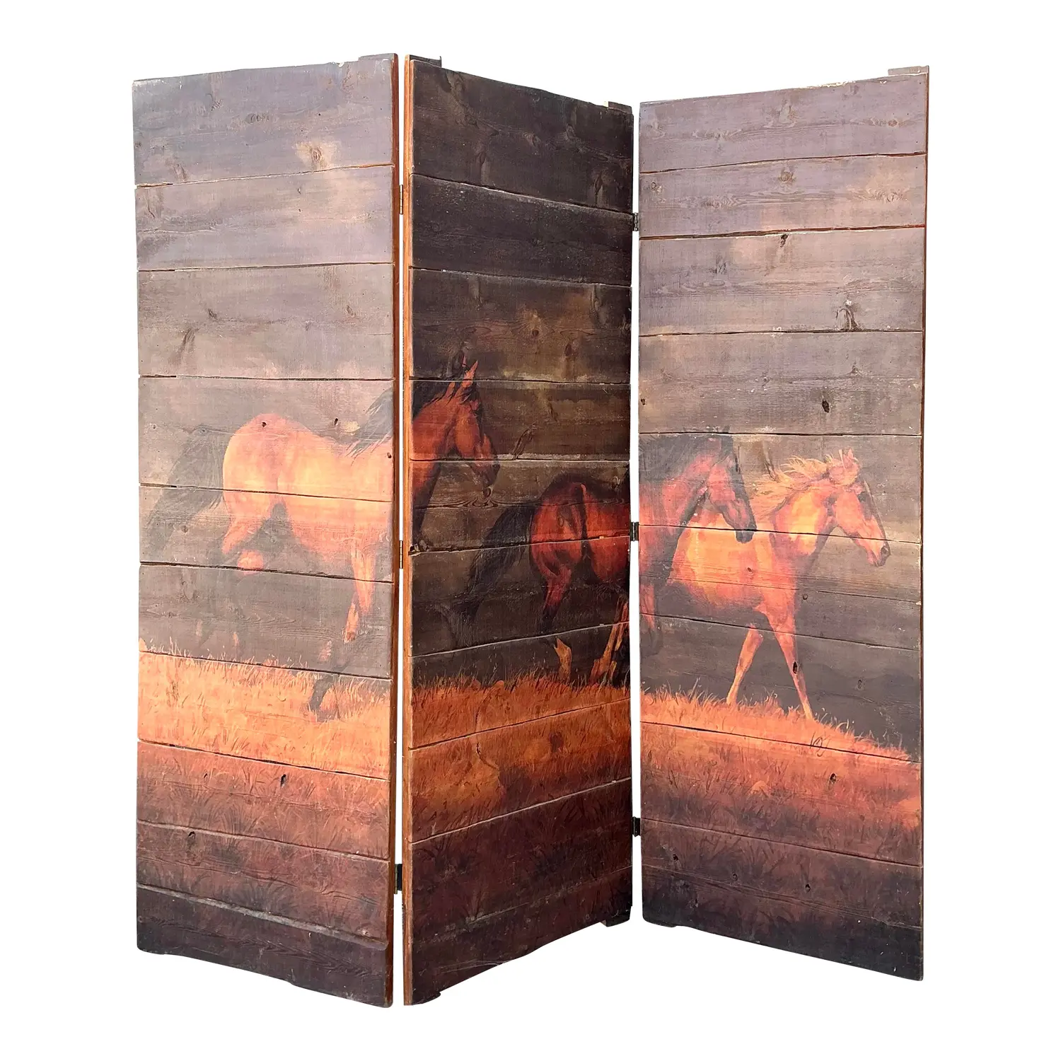 Vintage Hand Painted Barn Wood Folding Screen