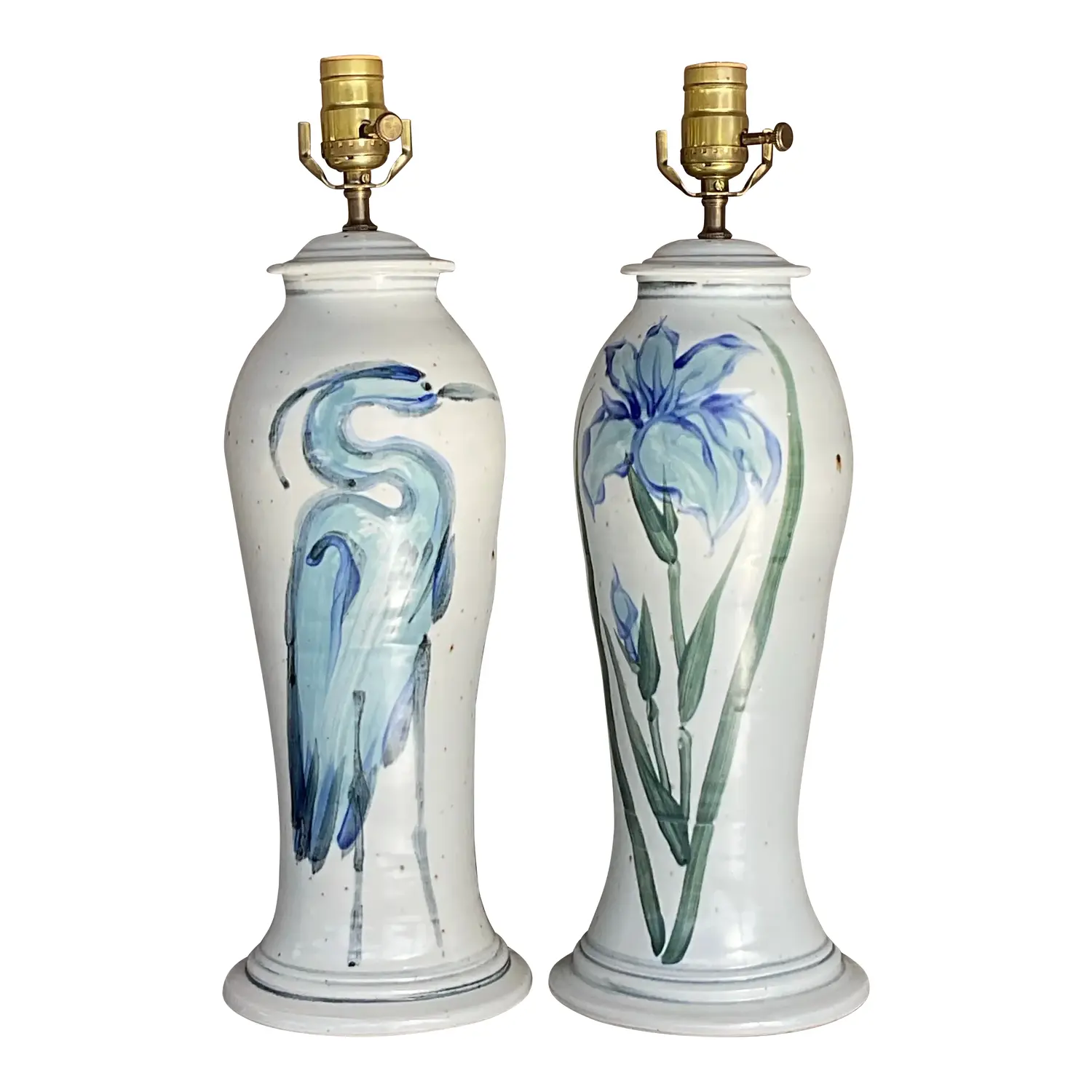 Vintage Hand Painted Ceramic Crane Bamboo Motif - Pair