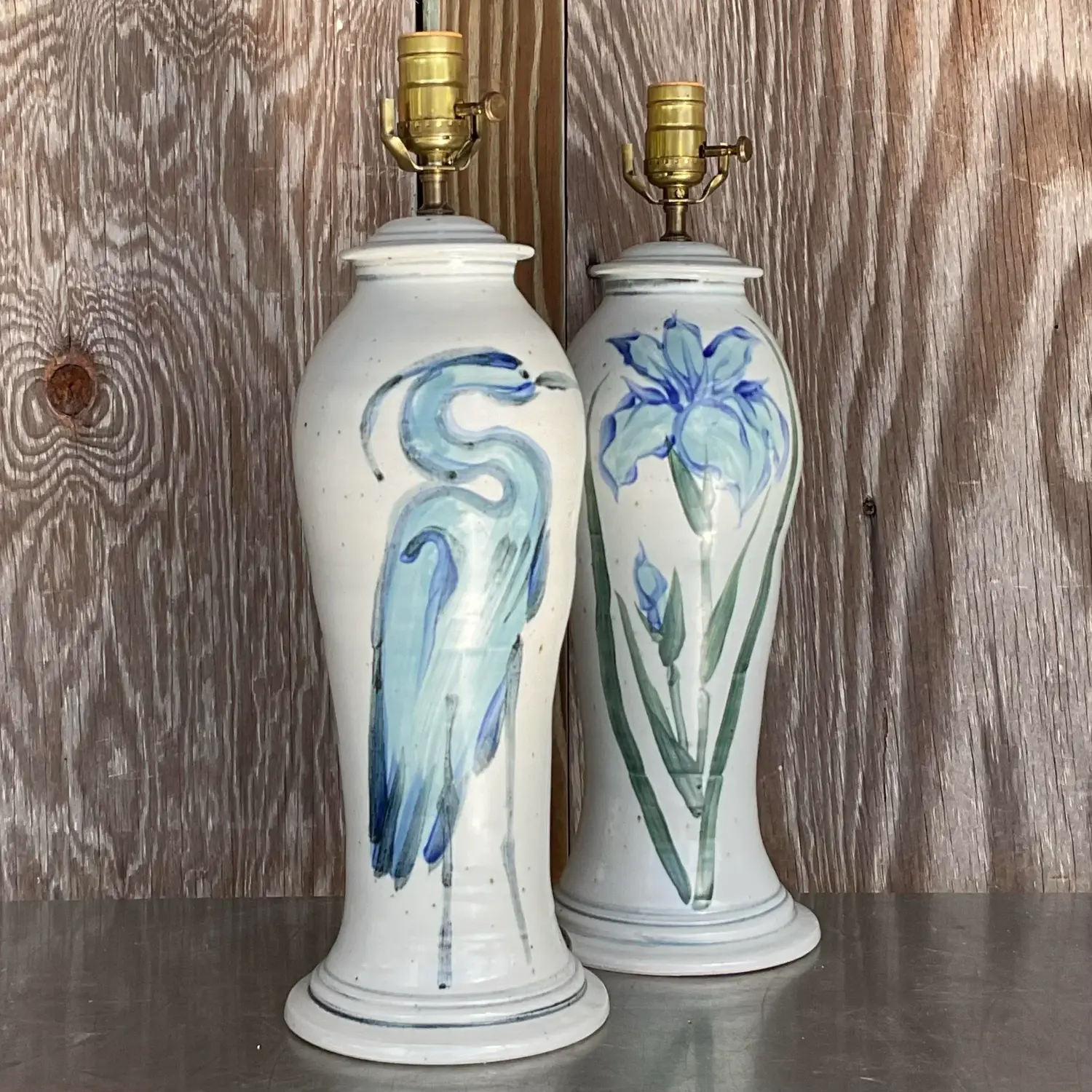 Vintage Hand Painted Ceramic Crane Bamboo Motif - Pair - Side view
