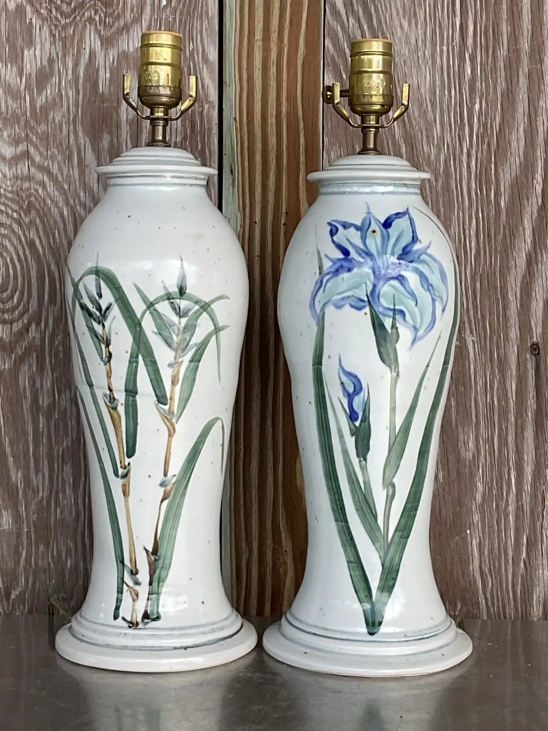 Vintage Hand Painted Ceramic Crane Bamboo Motif - Pair - Top view