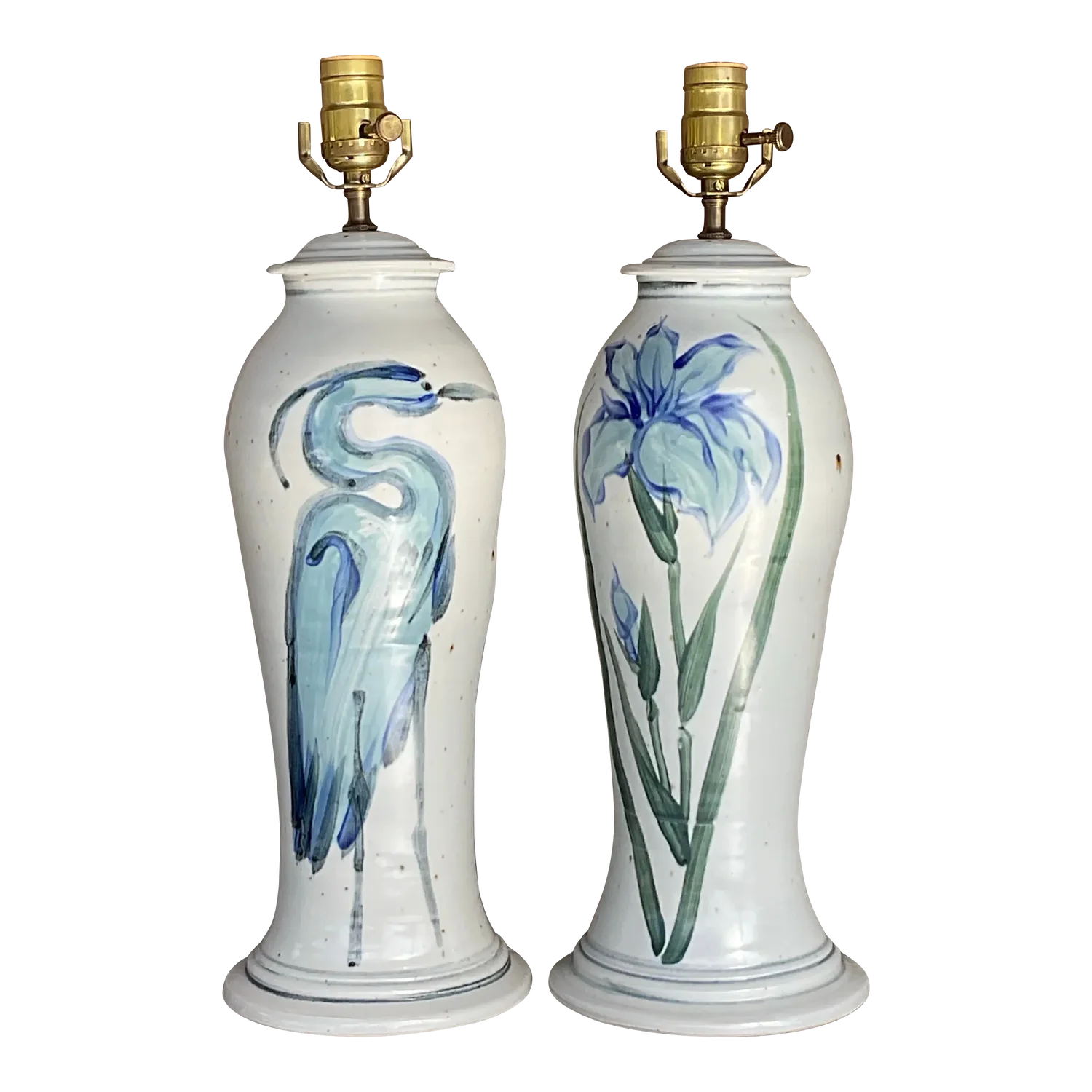 Vintage Hand Painted Ceramic Crane Bamboo Motif - Pair - Detail view
